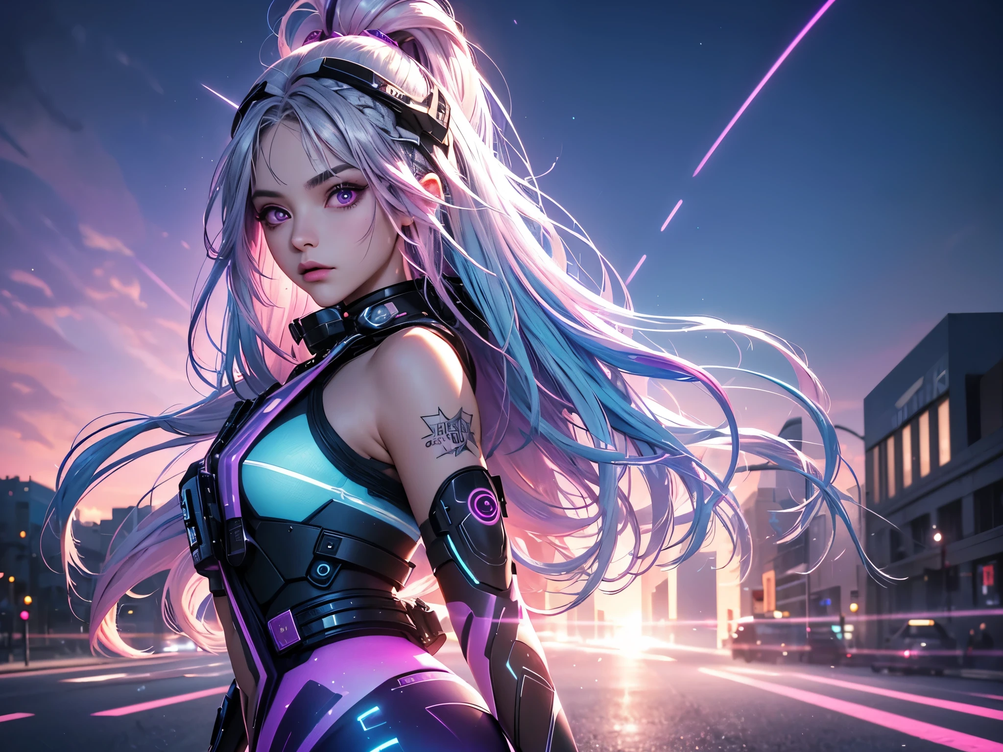 1 girl, 20 year old girl, one person, (Silver blue hair streaked pink purple:1.4), (Gradient sky blue hair ends:1.6), hair strand, absurdly long hair, single sidelock, wavy hair, shiny hair, floating hair, (Illusion deep purple eyes), delicate eyes, aqua eyes, High like real eyes, ((glowing eyes)), makeup, Focus on face, Very detailed facial, hot body, Random environment, Random pose, on the street, looking at the starry night sky, meteor, Technical clothing masterpiece, White extra long skirt, (several cross stars beside), (Colored lights swirl around the body), (((Extra super huge colorful extra super complex multiple glowing magic circle upright on the back of the head))), cyberpunk, full body shot, realism, chiaroscuro, ((glowing light)), (sparkle), (ray tracing), cinematic lighting, Futurism, motion blur, Ultra-Wide Angle, god rays, atmospheric perspective, best quality, UHD, super detail, masterpiece, highres, ccurate, retina