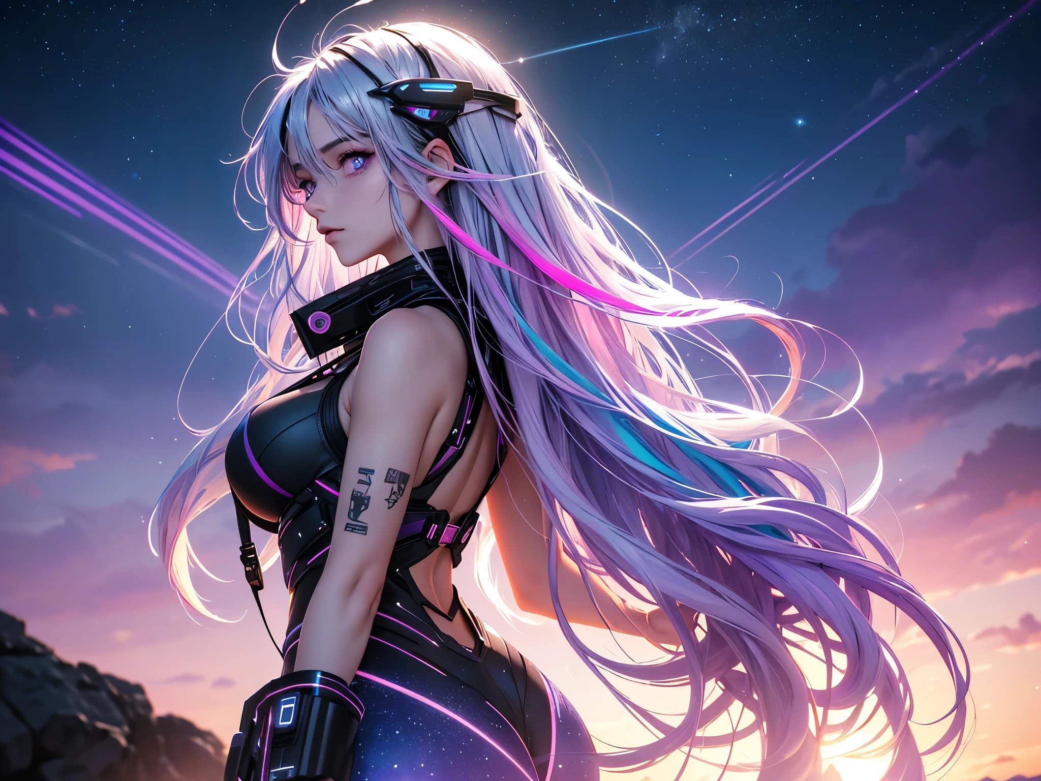 "((Galactic)) scene portraying an alien girl surrounded by a symphony of clouds, splashes of vivid colors, and delicate flowers, an imaginative composition that sparks the viewer's curiosity"