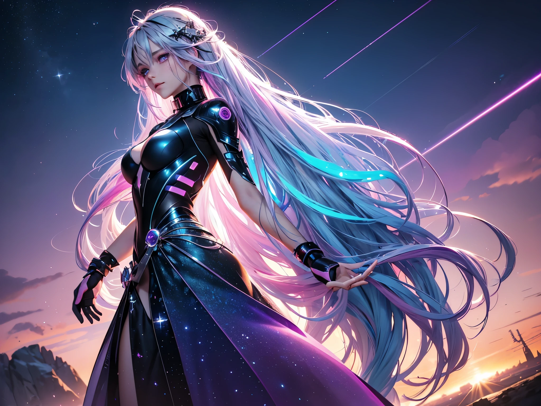 1 girl, 20 year old girl, one person, (Silver blue hair streaked pink purple:1.4), (Gradient sky blue hair ends:1.6), hair strand, absurdly long hair, single sidelock, wavy hair, shiny hair, floating hair, (Illusion deep purple eyes), delicate eyes, aqua eyes, High like real eyes, ((glowing eyes)), makeup, Focus on face, Very detailed facial, hot body, Random environment, Random pose, on the street, looking at the starry night sky, meteor, Technical clothing masterpiece, White extra long skirt, several cross stars beside, Colored lights swirl around the body, (((Extra super huge colorful extra super complex multiple glowing magic circle upright on the back of the head))), cyberpunk, full body shot, realism, chiaroscuro, (glowing light), sparkle, ray tracing, cinematic lighting, Futurism, motion blur, Ultra-Wide Angle, god rays, atmospheric perspective, best quality, UHD, super detail, masterpiece, highres, ccurate, retina