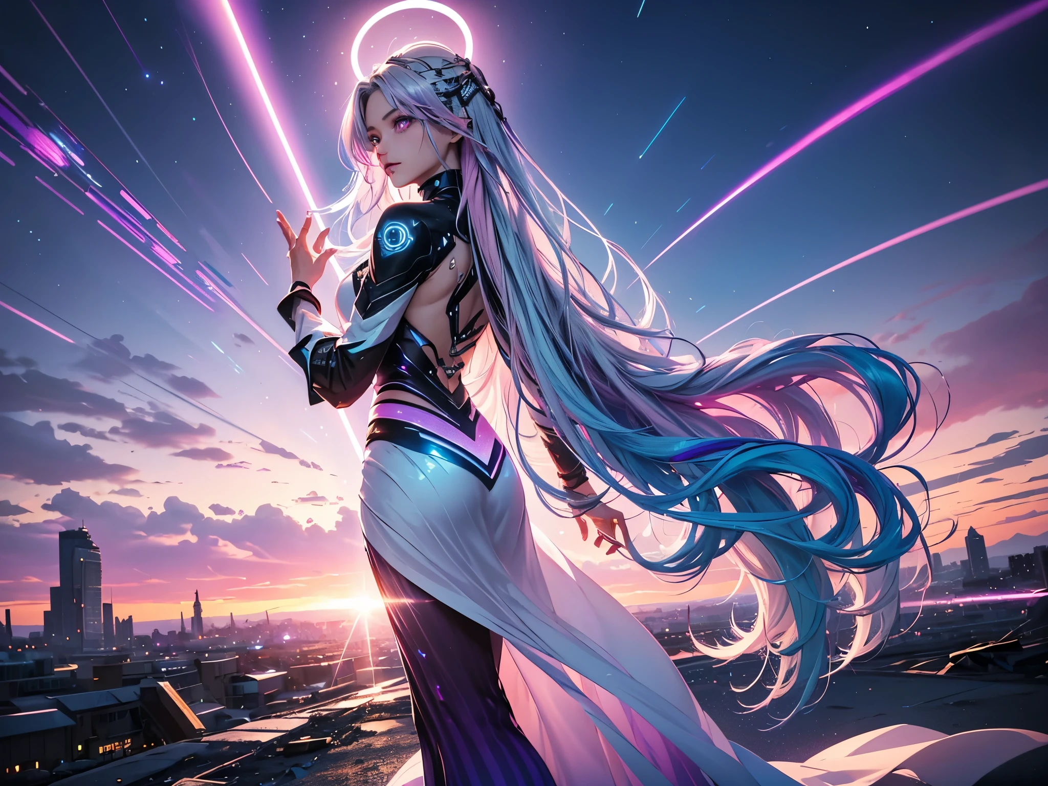 1 girl, 20 year old girl, one person, (Silver blue hair streaked pink purple:1.4), (Gradient sky blue hair ends:1.6), hair strand, absurdly long hair, single sidelock, wavy hair, shiny hair, floating hair, (Illusion deep purple eyes), delicate eyes, aqua eyes, High like real eyes, ((glowing eyes)), makeup, Focus on face, Very detailed facial, hot body, Random environment, Random pose, on the street, looking at the starry night sky, meteor, Technical clothing masterpiece, White extra long skirt, several cross stars beside, Colored lights swirl around the body, (((Extra super huge colorful extra super complex multiple glowing magic circle upright on the back of the head))), cyberpunk, full body shot, realism, chiaroscuro, (glowing light), sparkle, ray tracing, cinematic lighting, Futurism, motion blur, Ultra-Wide Angle, god rays, atmospheric perspective, best quality, UHD, super detail, masterpiece, highres, ccurate, retina