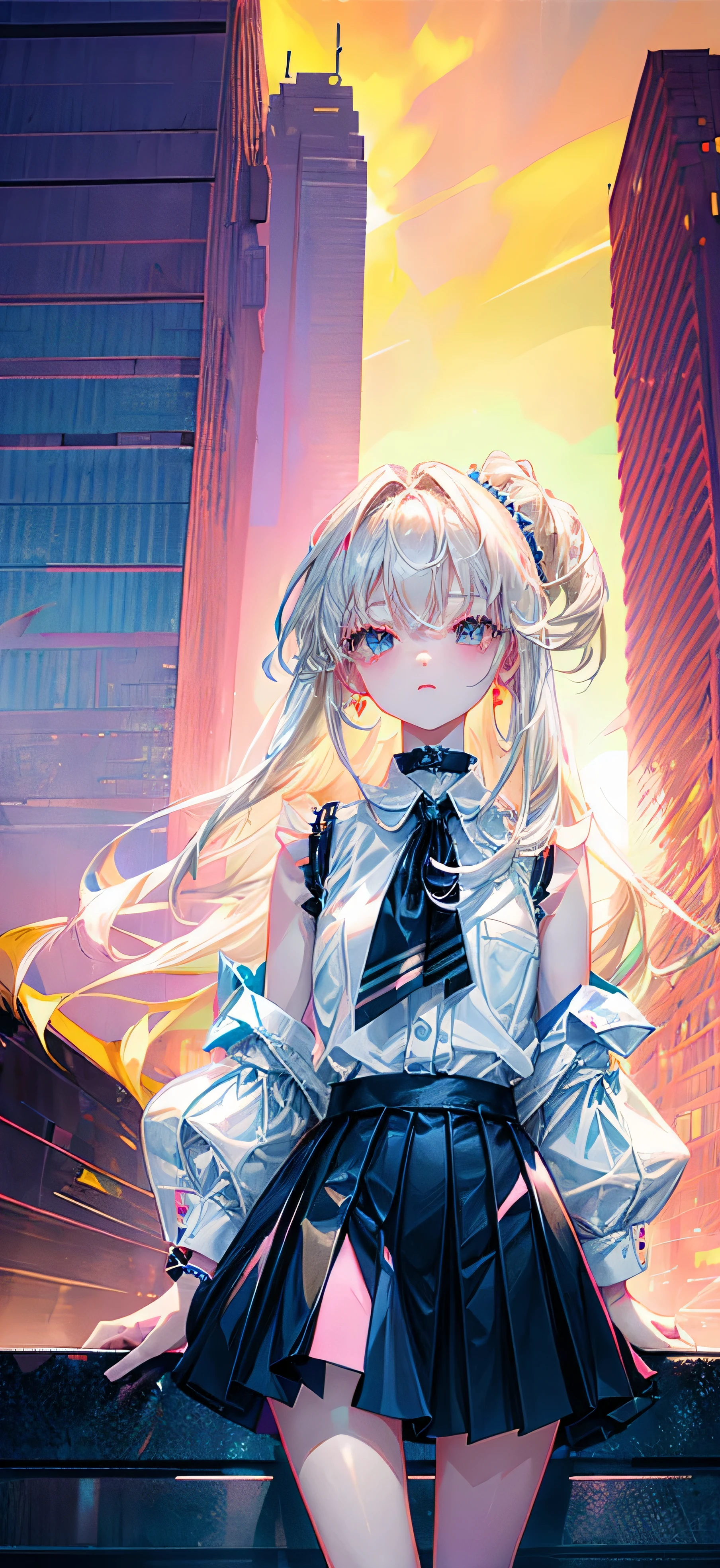 top-quality、超A high resolution、Standing in the big city、Skyscrapers、(Photorealsitic:1.4)、Female 1 Person、Sleeveless white buttoned shirt、Black skirt、Black choker、cute little、(Kpop Idle)、(attractiveness:1)、(Platinum Blonde Hair:1)、((Puffy eyes))、Look at the viewer、full bodyesbian、Facing the front