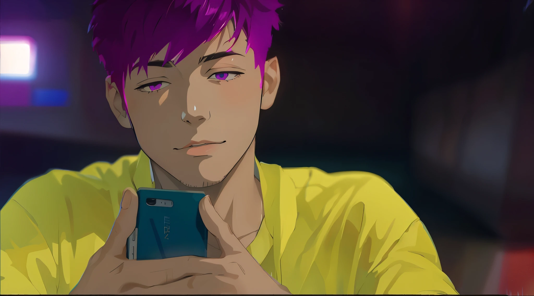 hay un  lindo chico con cabello de violeta morado