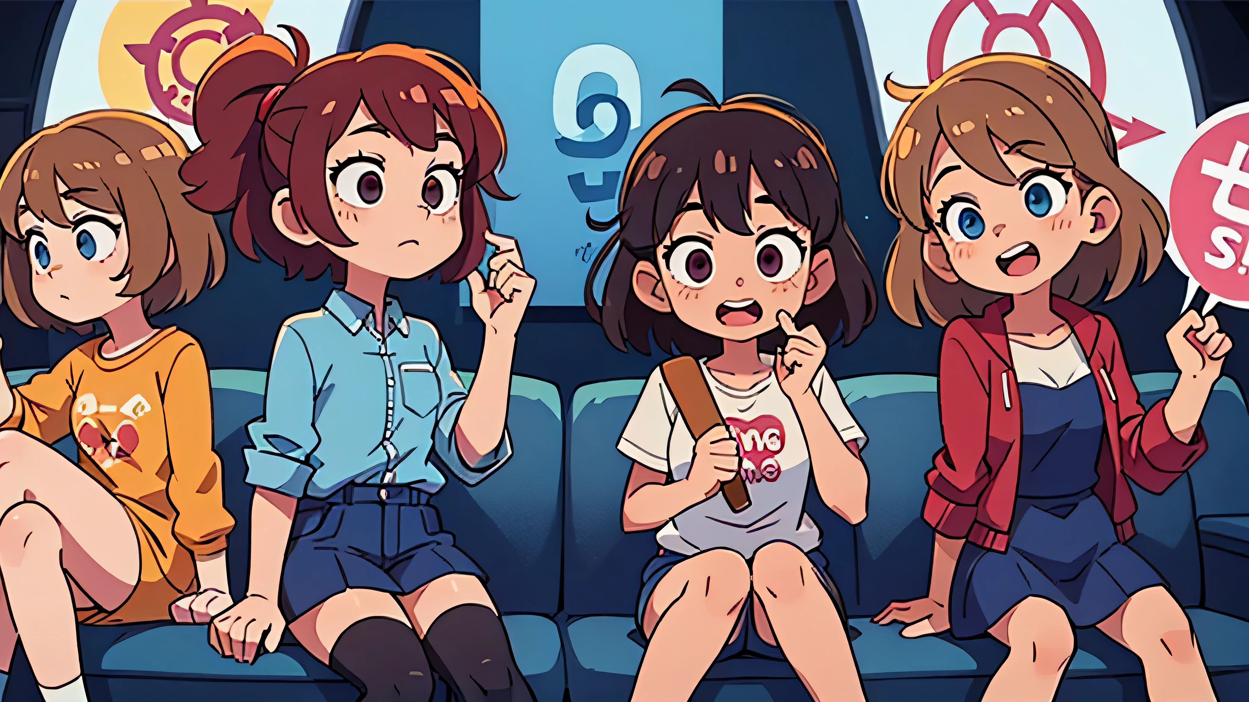 the twins at the cinema laughing - (Two brunette twins, de 5 anos, roupas rosa)