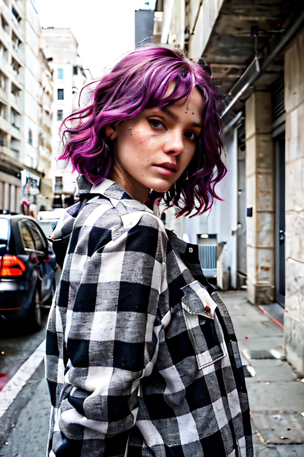 portrait du haut du corps, essence brute d&#39;a tattooed street style icon, drenched&#39;Rebel energy, wear an oversized flannel shirt, graffitis vibrants en toile de fond, mode avant-gardiste, sens, regard confiant, colored hair, des faisceaux lumineux traversant la brume