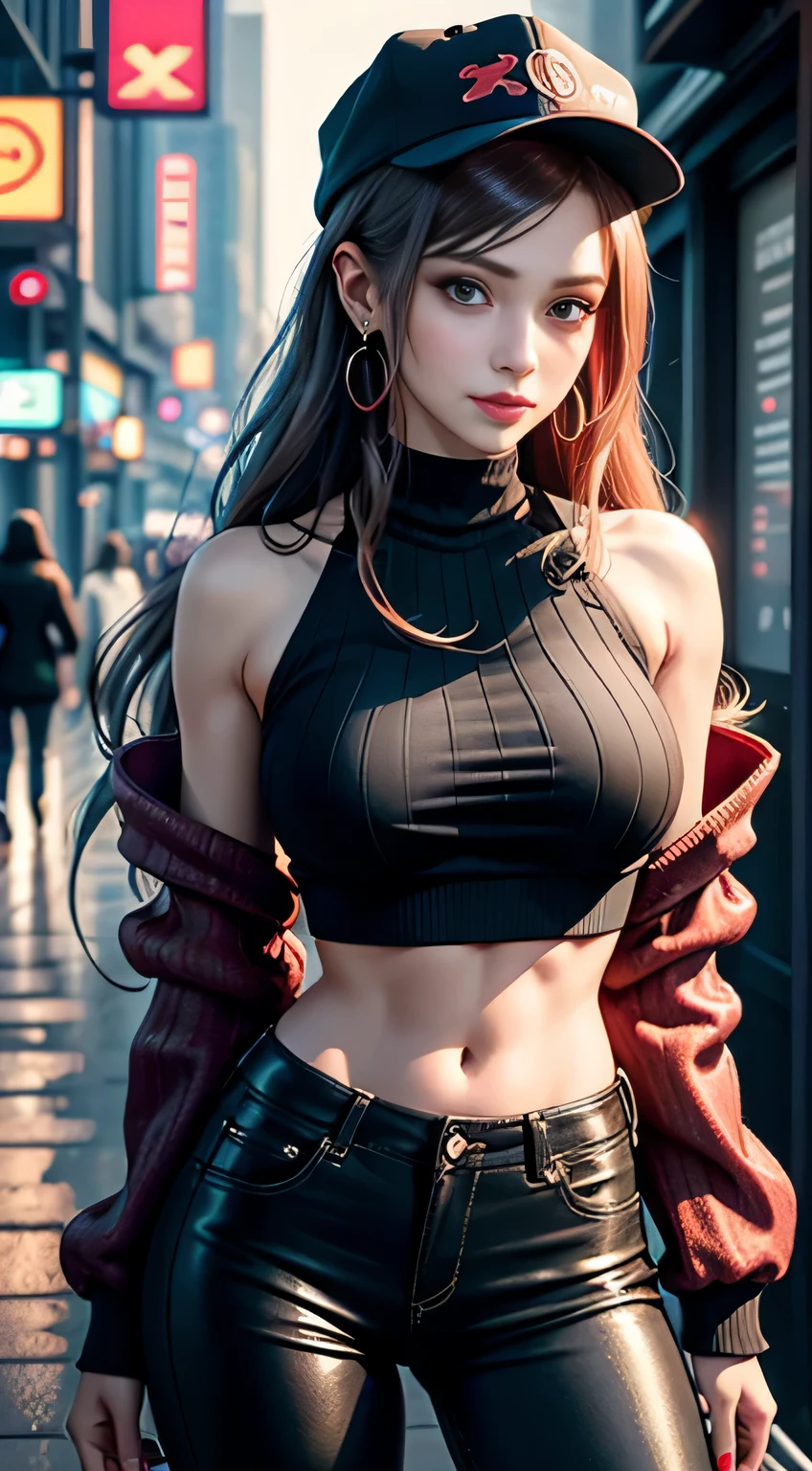 sfw, 1girl, beautiful, smirk, wearing a hat, earrings, red camo sweatshirt, red_legwear, long hair, brown hair, mascara, nose lips, standing, midriff, naval, earrings, (realistic:1.5), cyberpunk, neon city, neon lights, 3d, cgi, volumetric lightning, wearing bra,((skinny waist)), young asian girl, ((big breasted)),