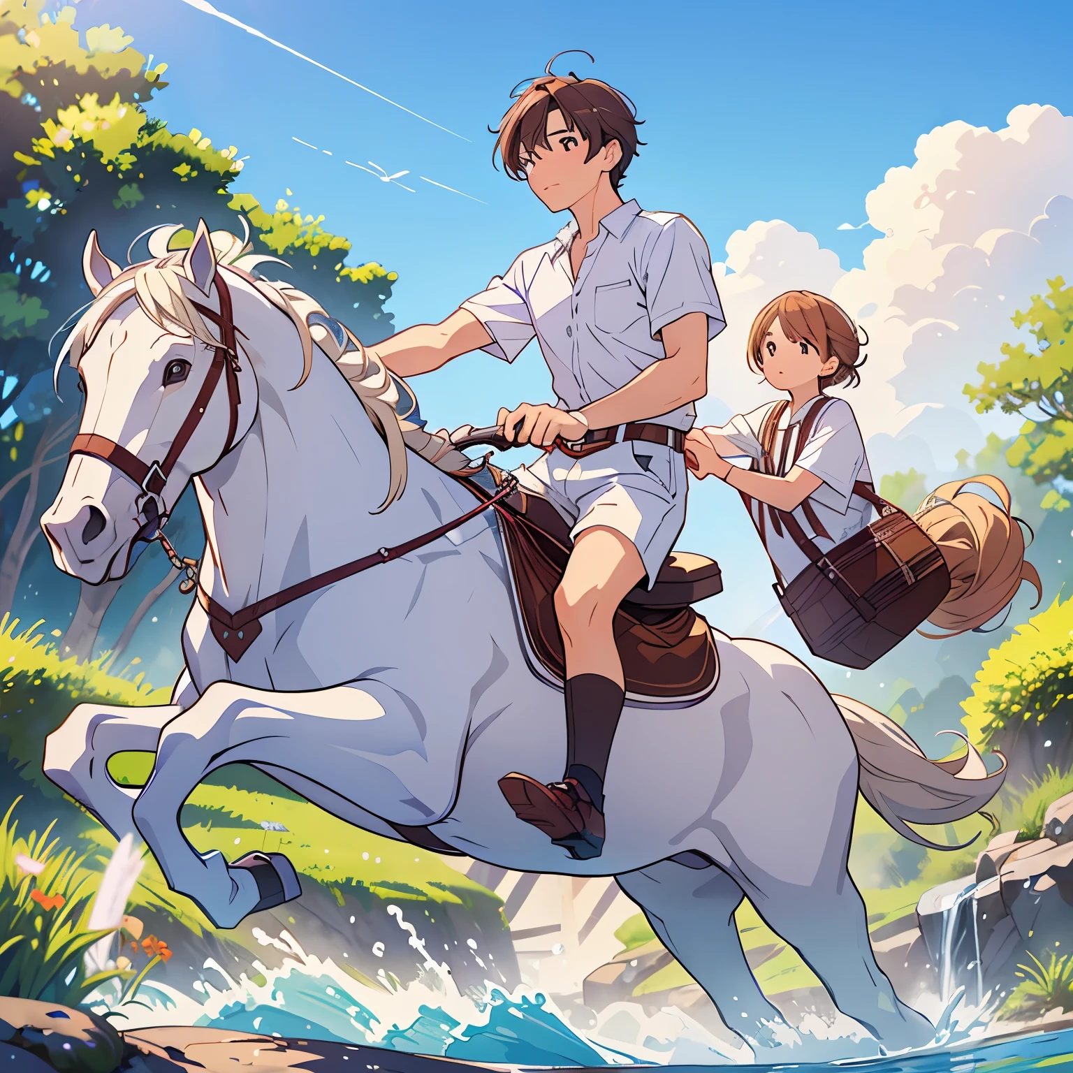 Man in white shirt and brown Pantone, riding a white horse running head on with purple bushes in his hand and a jug of water. Estilo toon