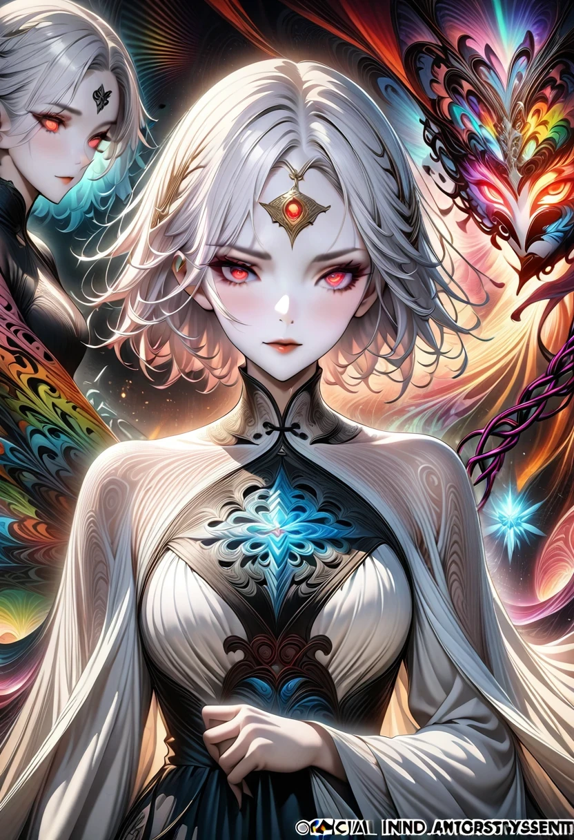 actual, (masterpiece, top quality, best quality, official art, Beauty and Aesthetics: 1.2), Very detailed, fractal art, rich and colorful, most detailed, Zentangle, (abstract background: 1.5) (1 girl: 1.3), God, white hair, short hair, (glowing red eyes), mystery, (magic), ice, charming woman, ((Radiant Licorice)), Huang Quan, hell, Soul Ferryman, ghost