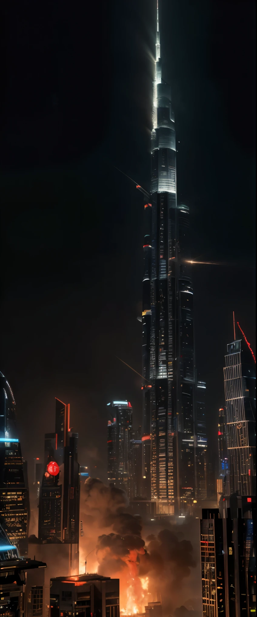 ((masterpiece, highest quality, Highest image quality, High resolution, photorealistic, Raw photo, 8K)), Godzilla, Godzilla attacks burj k
halifa dubai at night, stomping buildings and shooting lasers from its mouth, distant view of the city at night, fires everywhere, (seen from above:1.2),