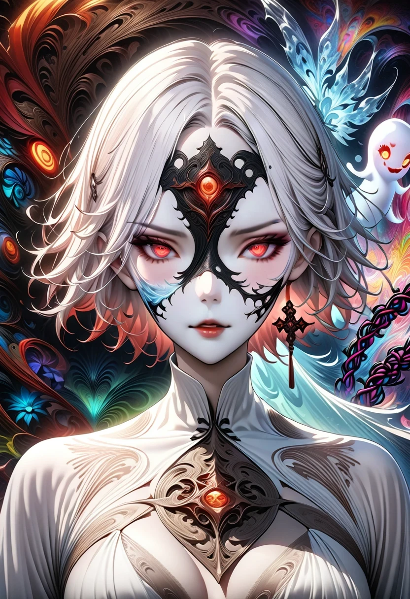 actual, (masterpiece, top quality, best quality, official art, Beauty and Aesthetics: 1.2), Very detailed, fractal art, rich and colorful, most detailed, Zentangle, (abstract background: 1.5) (1 girl: 1.3), God, white hair, short hair, (glowing red eyes), mystery, (magic), ice, charming woman, ((Radiant Licorice)), Huang Quan, hell, Soul Ferryman, ghost