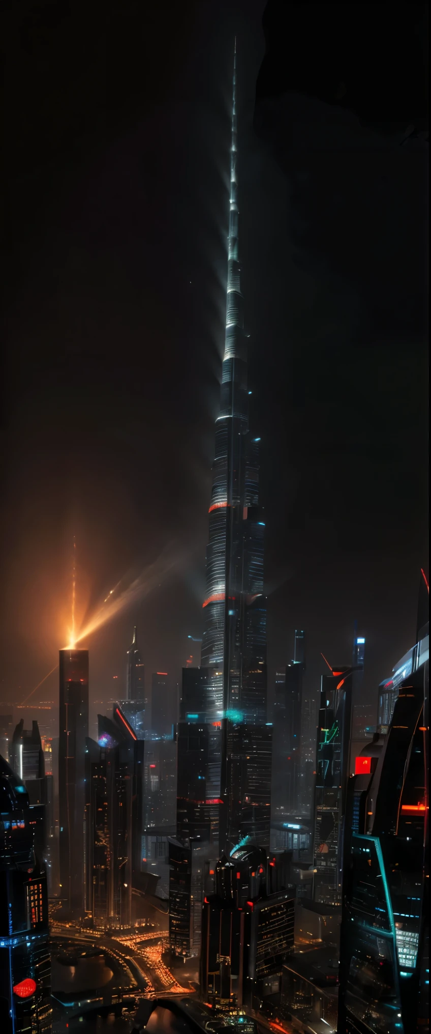 ((masterpiece, highest quality, Highest image quality, High resolution, photorealistic, Raw photo, 8K)), Godzilla, Godzilla attacks burj k
 halifa dubai at night, stomping buildings and shooting lasers from its mouth, distant view of the city at night, fires everywhere, (seen from above:1.2),