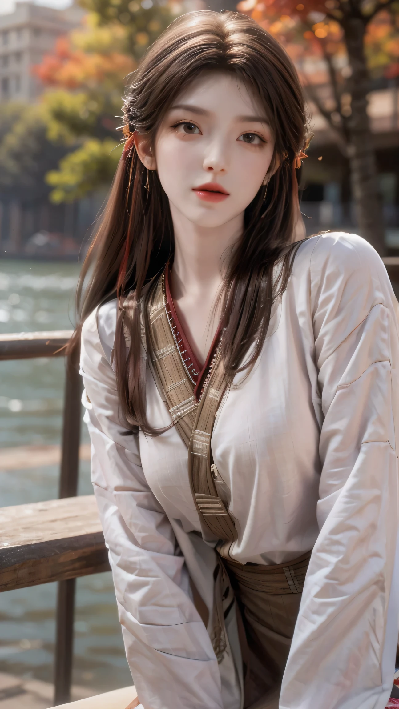 MiS5, fashi-girl. red lips, mature female, makeup, ((Random shooting angles)), (best quality, masterpiece:1.2), ultra-detailed, (realistic:1.37), beautiful, youthful, glamorous model with (detailed eyes, detailed lips, extremely detailed eyes), with white and floral colors, showcasing a radiant smile, slender figure, long legs, creating a breathtaking depiction of a girl enjoying the sunshine, Outdoor sports, the beach, on the pier, Warm tones, extremely high color saturation, official art, extremely detailed CG unified 8k wallpaper,(High dynamic range :1.4), (cinematic),(soft colors, dull colors, soothing tones :1.3), (natural skin texture, ultra-realistic, soft light, sharp),(very detailed), Evening, autumn, autumn maple leaves, professional lighting, leaning against the guardrail, looking into the distance