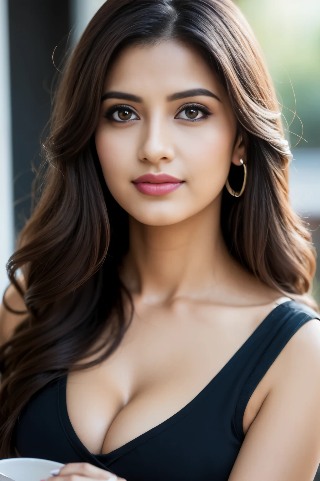 Portrait of A confident-looking indian girl with long flowing hair, having coffee at coffee shop,hazel and brown eyes, c-cup breasts,bokeh, perfect composition, hyperrealistic, super detailed, 8k, high quality, trending art, trending on artstation, sharp focus, studio photo, intricate details, highly detailed