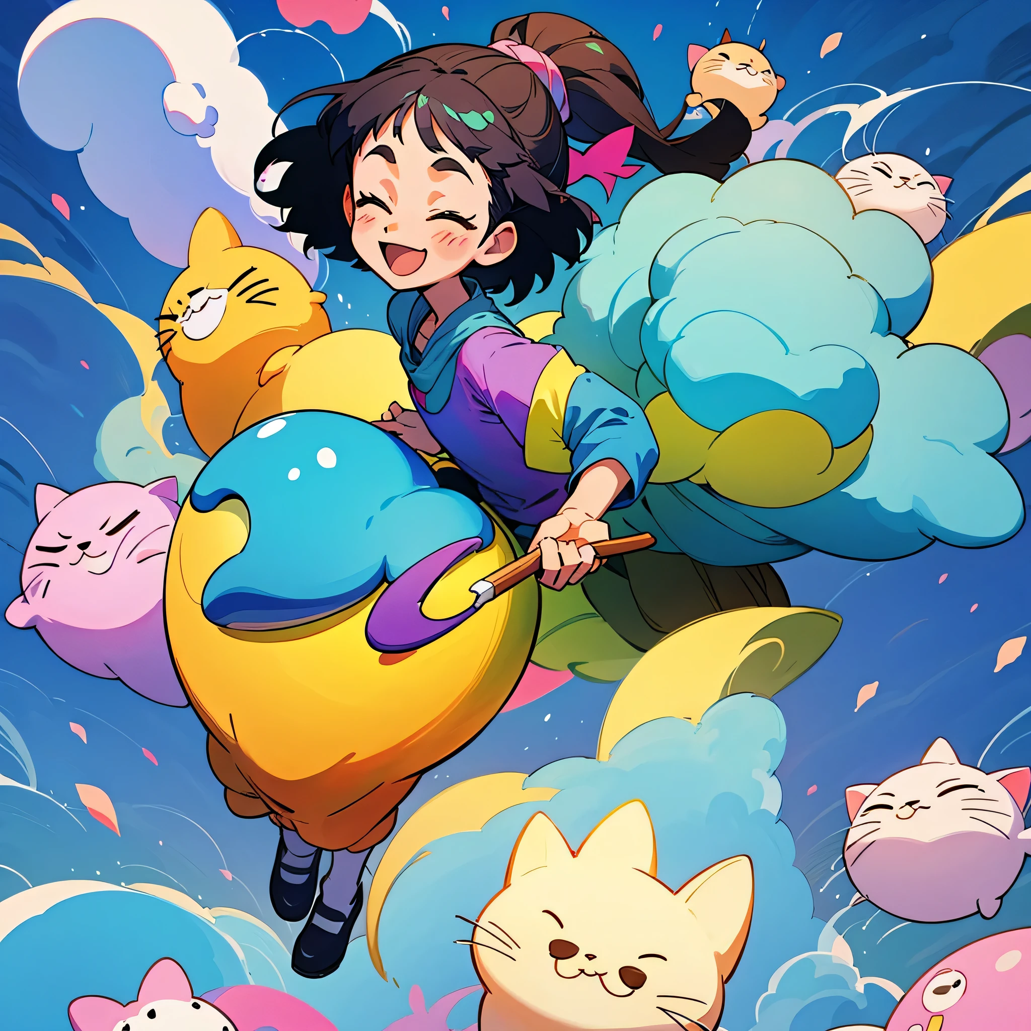 kawaii、desenho animado、Studio Ghibli style, smile, girl and cat, voando