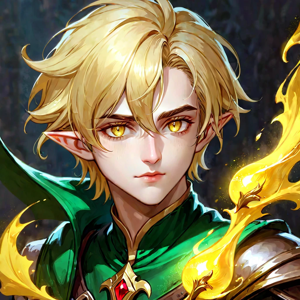 Dungeons & Dragons, aesthetic, dungeons and dragons, paladin portrait of a 2 4 years old male evil elf with short dark blonde hair, yellow irises!! elf, rogue, sharp focus, d & d, fantasy, intricate, elegant, highly detailed, digital painting, art