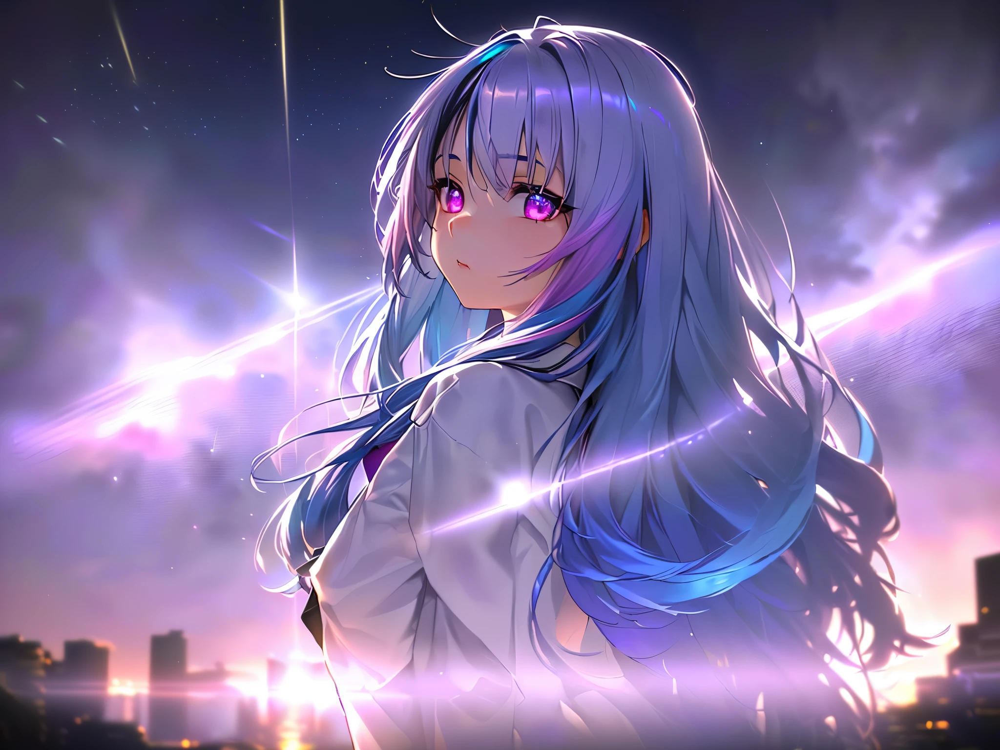 1 girl, 20 year old girl, one person, (Silver blue hair streaked pink purple:1.4), (Gradient sky blue hair ends:1.6), hair strand, absurdly long hair, single sidelock, wavy hair, shiny hair, floating hair, (Illusion deep purple eyes), delicate eyes, aqua eyes, High like real eyes, ((glowing eyes)), makeup, Focus on face, Very detailed facial, hot body, Random environment, Random pose, on the street, looking at the starry night sky, meteor, Technical clothing masterpiece, White extra long skirt, several cross stars beside, Colored lights swirl around the body, (((colorful complex multiple glowing magic circle upright on the back))), cyberpunk, full body shot, realism, chiaroscuro, ((glowing light)), (sparkle), (ray tracing), cinematic lighting, Futurism, motion blur, Ultra-Wide Angle, god rays, atmospheric perspective, best quality, UHD, super detail, masterpiece, highres, ccurate, retina
