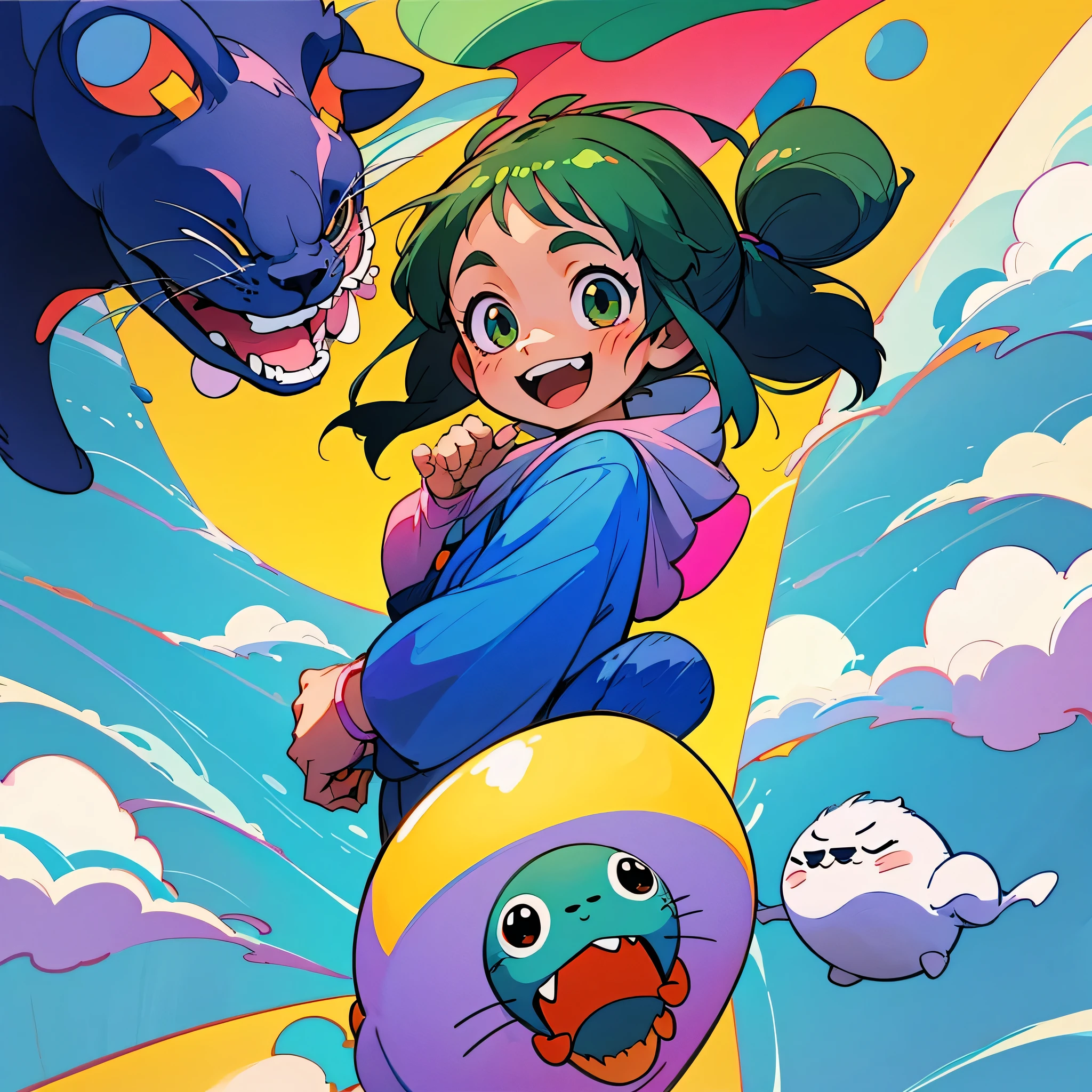 kawaii、desenho animado、Studio Ghibli style, smile, girl and cat, voando