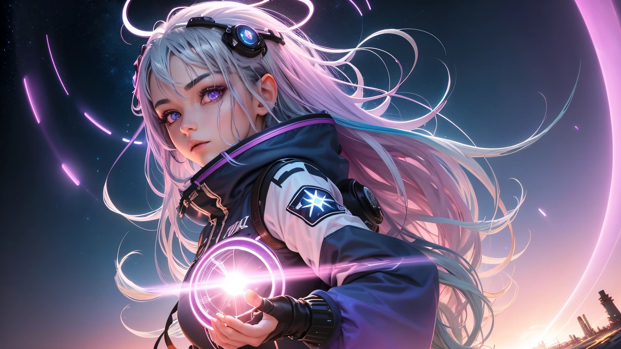 1 girl, 20 year old girl, one person, (Silver blue hair streaked pink purple:1.4), (Gradient sky blue hair ends:1.6), hair strand, absurdly long hair, single sidelock, wavy hair, shiny hair, floating hair, (Illusion deep purple eyes), delicate eyes, aqua eyes, High like real eyes, ((glowing eyes)), makeup, Focus on face, Very detailed facial, hot body, Random environment, Random pose, on the street, looking at the starry night sky, meteor, Technical clothing masterpiece, White extra long skirt, several cross stars beside, Colored lights swirl around the body, (((Extra super huge colorful extra super complex multiple glowing magic circle upright on the back of the head))), cyberpunk, full body shot, realism, chiaroscuro, (glowing light), sparkle, ray tracing, cinematic lighting, Futurism, motion blur, Ultra-Wide Angle, god rays, atmospheric perspective, best quality, UHD, super detail, masterpiece, highres, ccurate, retina