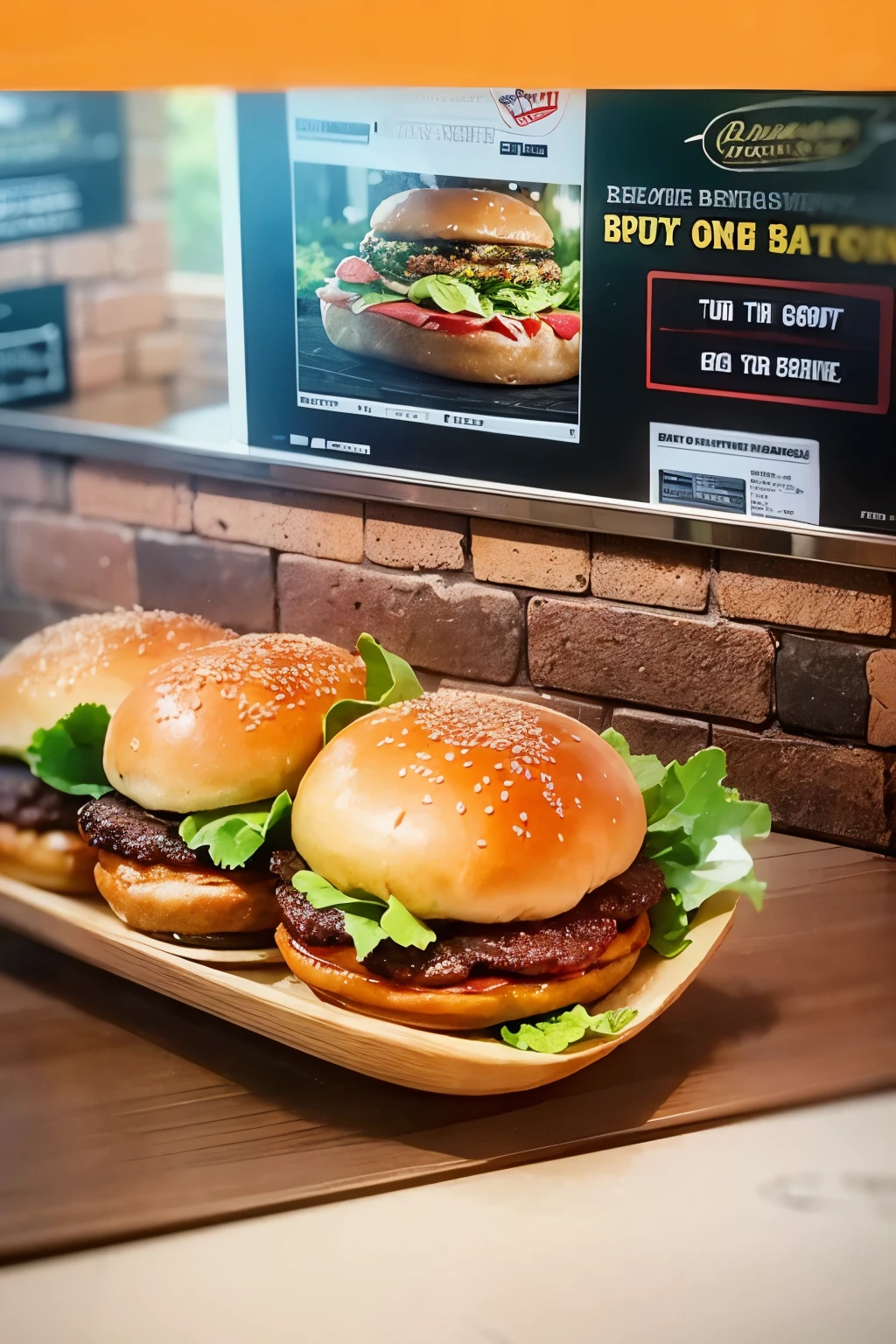Outline a promotional image for a burger joint using a creative marketing approach. The image should highlight the delicious food offered by the burger restaurant and convey a sense of satisfaction and enjoyment to the customer. Additionally, the image should incorporate visual elements that reinforce the burger restaurant's brand identity, such as the logo or distinctive colors. Be creative and highlight the unique attributes of the gourmet burgers offered by the burger restaurant, such as fresh ingredients,