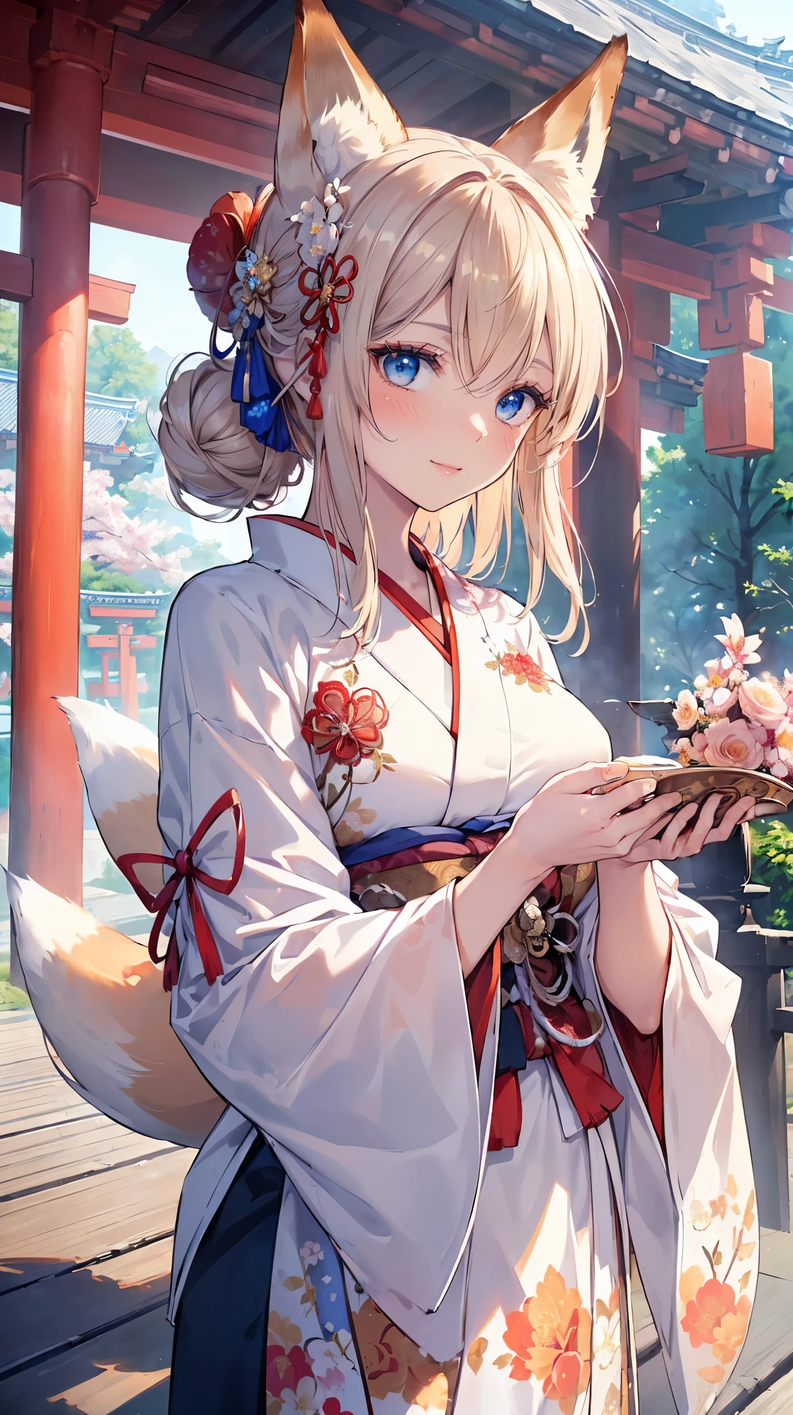 (((Masterpiece))), (((Highest quality))), ((Ultra-detailed)), ((Super fine illustration)), ((Ultra-fine painting)), (16K highest quality wallpaper:1.4), (Upper body:1.6), HDR, (Highly detailed and delicate illustration style:1.8), Detailed skin texture, Detailed cloth texture, Extreme detailed description, (T-masterpiece), (Highly detailed face:1.2), (Highly detailed fox ears:1.2), (Highly detailed shiny golden brown half updo:1.2), (Highly detailed clear blue eyes:1.2), Original, RAW photo, Professional, Intricate details, Super details, Direct light:1.6, (Perfect anatomy:1.4), (Highly detailed hands:1.2), (Highly detailed fingers:1.2), (Highly detailed fingertips:1.2), (27-years-old), Real, (Solo:1.8), ((A very beautiful and attractive fox fashion model with blue eyes wearing a bright red furisode with a floral pattern:1.4)) BRAKE (Beautiful and adorable fox ears:1.6), (Highly detailed and delicate fox ears:1.4), (Beautiful and well-shaped big breasts:1.2), (Beautiful and well-shaped buttocks), (Beautiful and shiny golden brown half updo:1.4), (Highly detailed and delicate golden brown half updo:1.2), (Beautiful clear blue eyes that shine with great detail:1.6), (Highly detailed and delicate blue eyes:1.2), (Highly detailed face:1.4), (Smile:1.5), (Blush:1.4), (Looking at viewer:1.4), (Celebration:1.4) BRAKE (Bright red furisode with floral pattern:1.4), (Japanese traditional costume:1.2) BRAKE (Concept art:1.2), (Detailed fantasy art:1.2) BRAKE (Highly detailed and delicate Ise Grand Shrine in Mie Prefecture in the background just after noon in spring:1.6), (Celebration:1.4), Ise Grand Shrine:1.4, Torii gate of Ise Shrine:1.4, cherry blossoms:1.2, Very beautiful in the sunny sky background just after noon:1.4 BRAKE