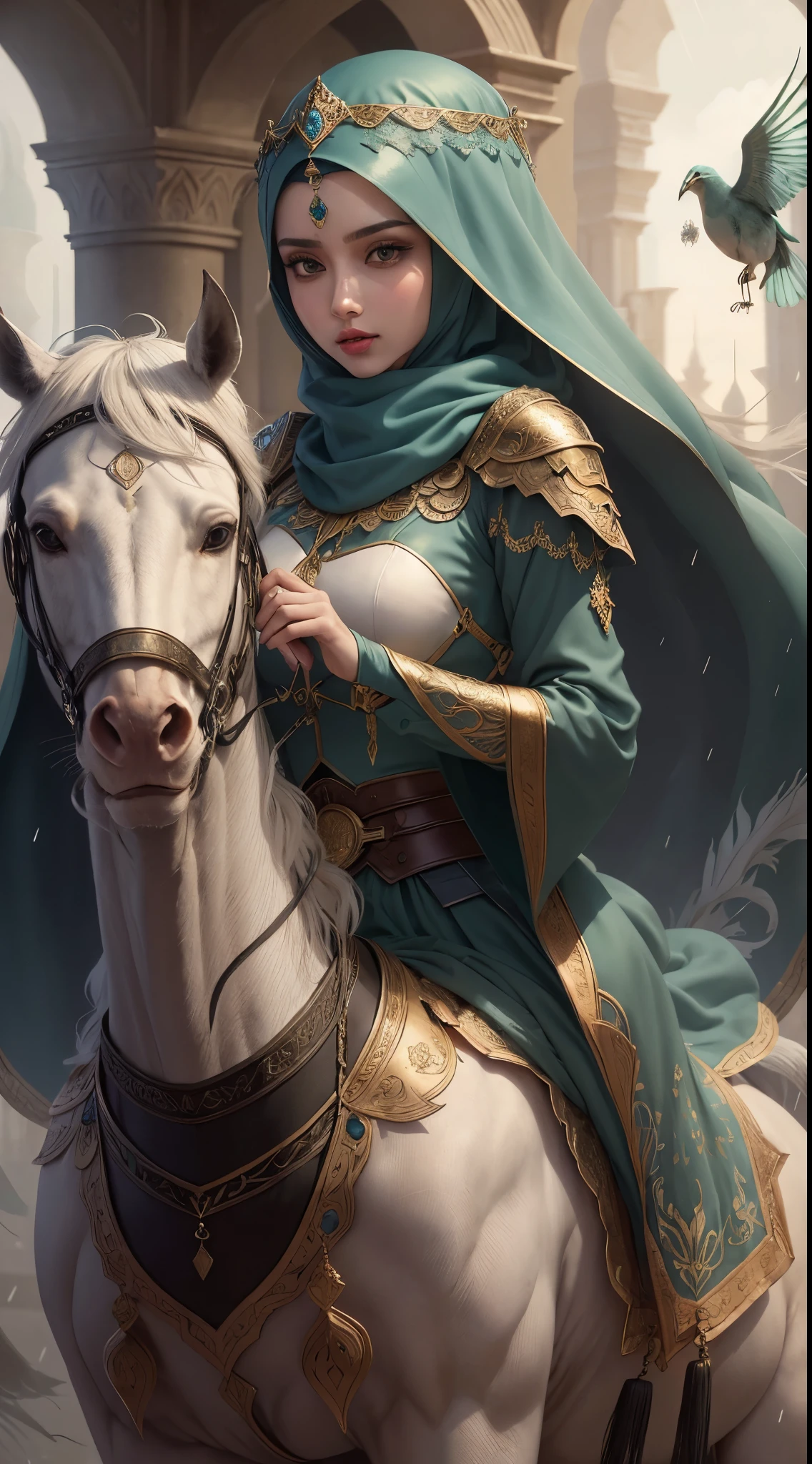 an Arabian beautiful 20th woman in hijab and Islamic long uniform, a long green blue islamic dress, yellow brown eyes, red lips, white skin, eyeshadow, realistic Art Station, hard raining scene, Detailed Fantasy Art, Stunning Character Art, beautiful Exquisite Character Art, Beautiful black Armor, Extremely Detailed, blue armor Girl, Exquisite Intricate Headdress and Jewelry, whole body capture, mulim lady with Muslim uniform, riding white horse, birds around