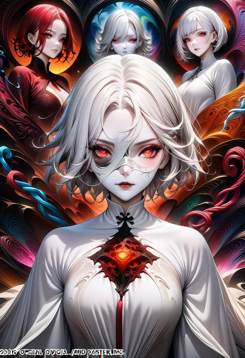 actual, (masterpiece, top quality, best quality, official art, Beauty and Aesthetics: 1.2), Very detailed, fractal art, rich and colorful, most detailed, Zentangle, (abstract background: 1.5) (1 girl: 1.3), God, white hair, short hair, (glowing red eyes), mystery, (magic), ice, charming woman, ((Radiant Licorice)), Huang Quan, hell, Soul Ferryman, ghost