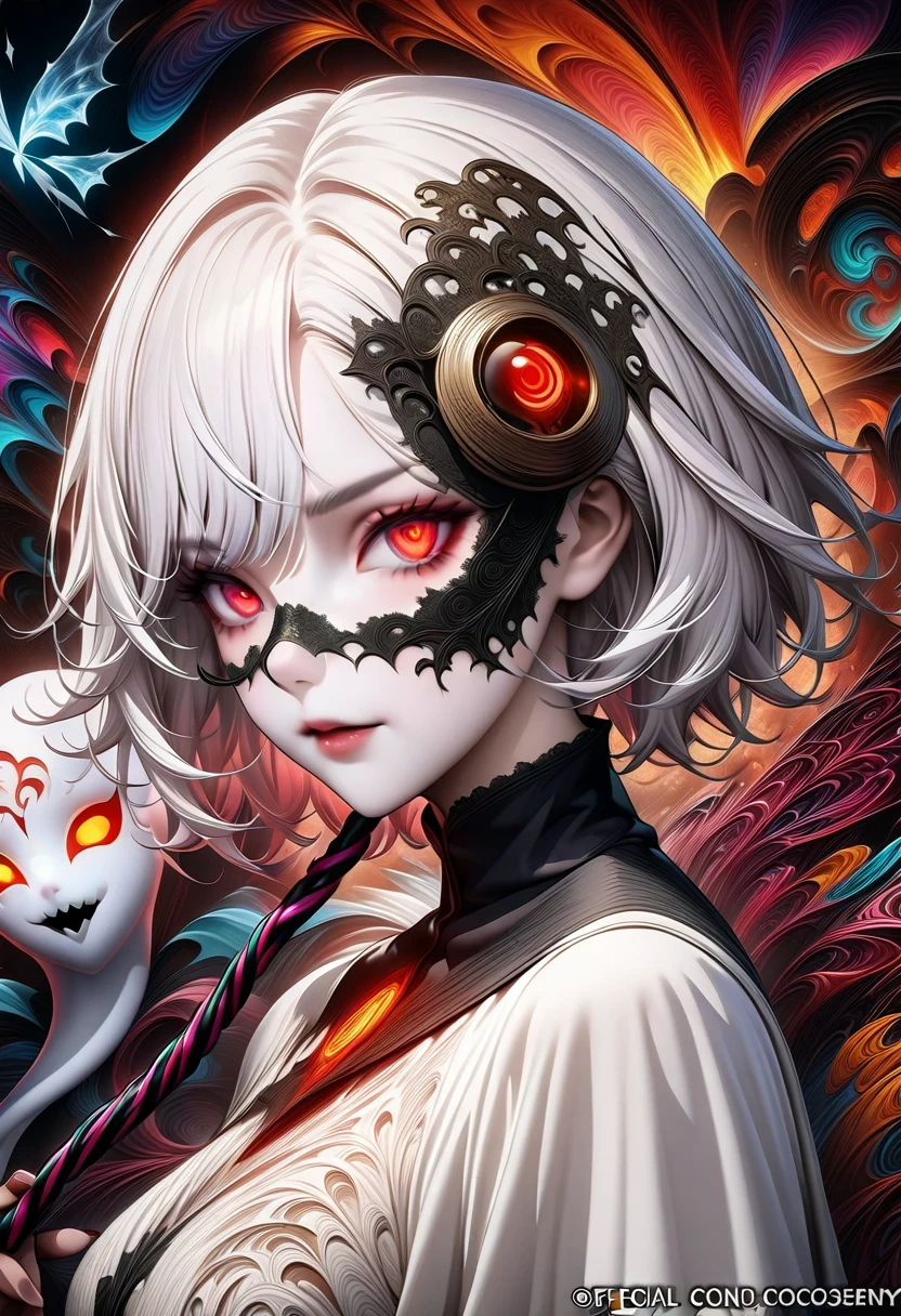 actual, (masterpiece, top quality, best quality, official art, Beauty and Aesthetics: 1.2), Very detailed, fractal art, rich and colorful, most detailed, Zentangle, (abstract background: 1.5) (1 girl: 1.3), God, white hair, short hair, (glowing red eyes), mystery, (magic), ice, charming woman, ((Radiant Licorice)), Huang Quan, hell, Soul Ferryman, ghost