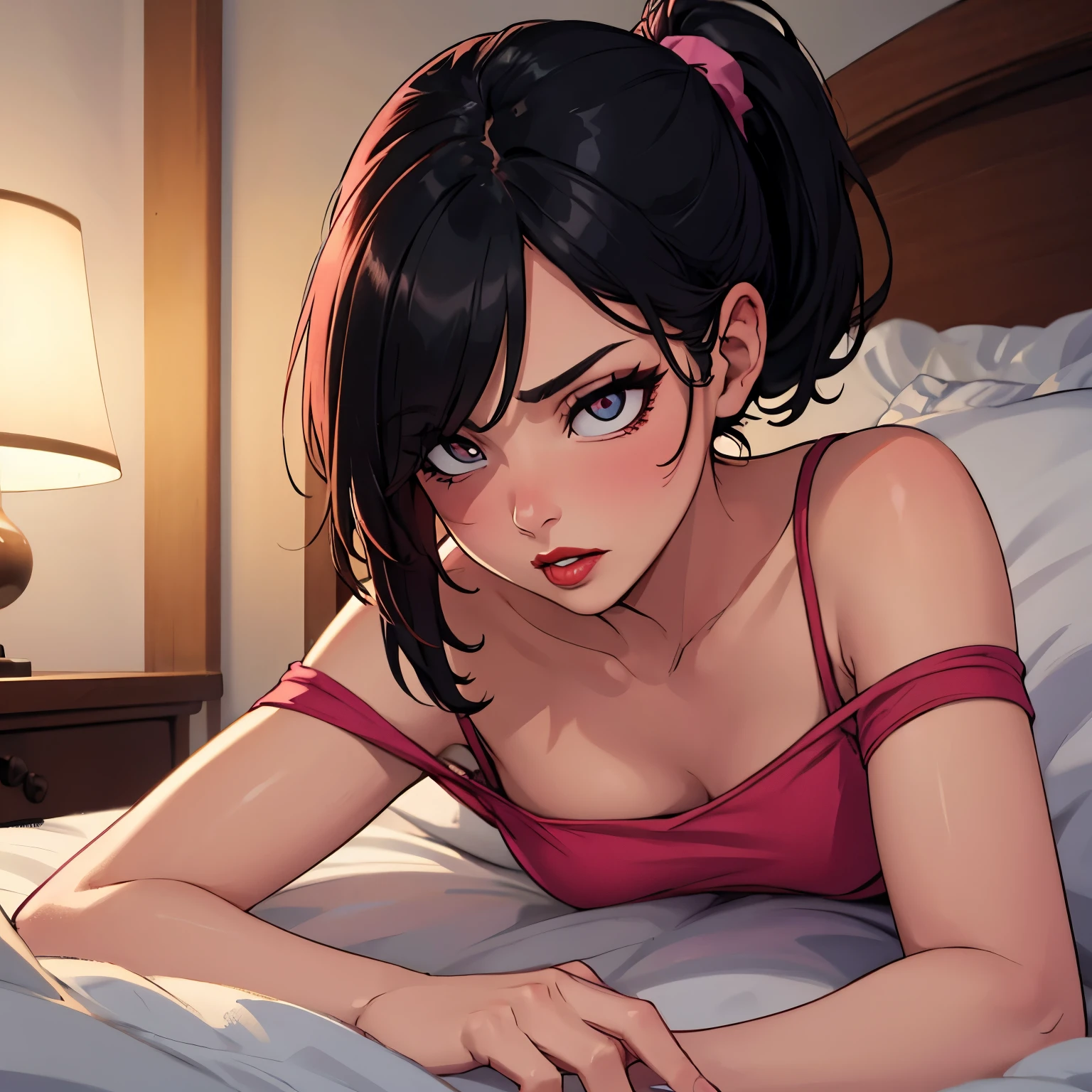 Sexy woman, black hair in a bun, long forehead, seductive eyes, medium nose, perfect pink lips seductively parted, deep blush, flustered, beautiful long neck, collarbone, medium chest, cleavage, long red floral dress, bedroom, stripping, exposing her black bra and bare shoulders