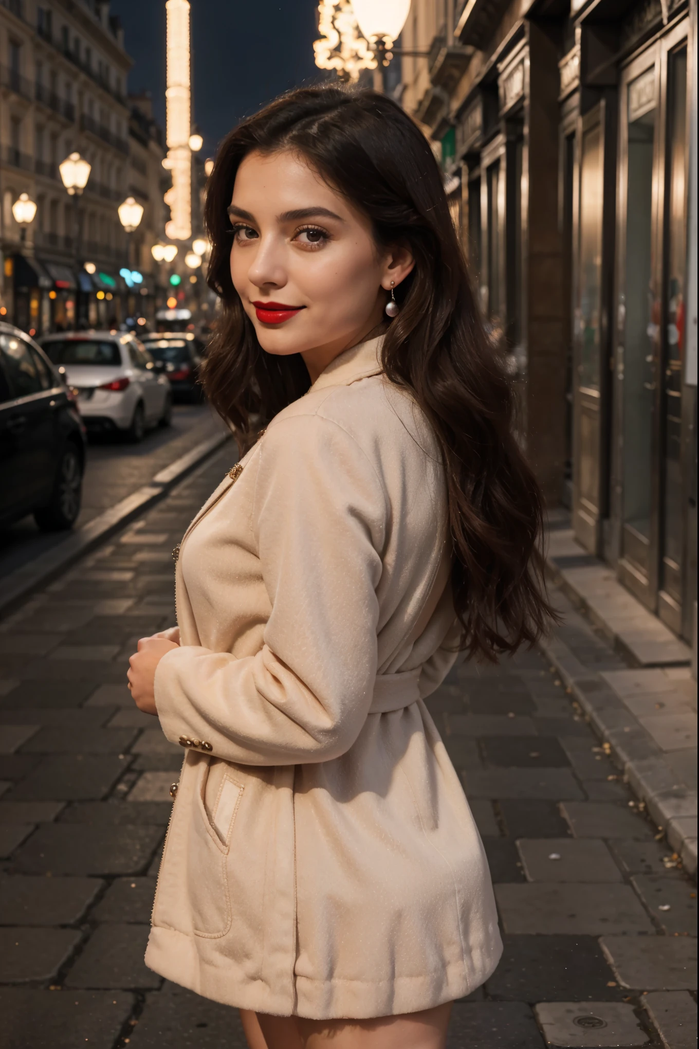 Italian girl 25 years old, beautiful, wonderful, walk in the center of Paris, 1 girl, real, very high resolution, 8k, elegant coat, luxury, Champs-Élysées, pearl earrings, elegant, red lipstick, light smile, night
