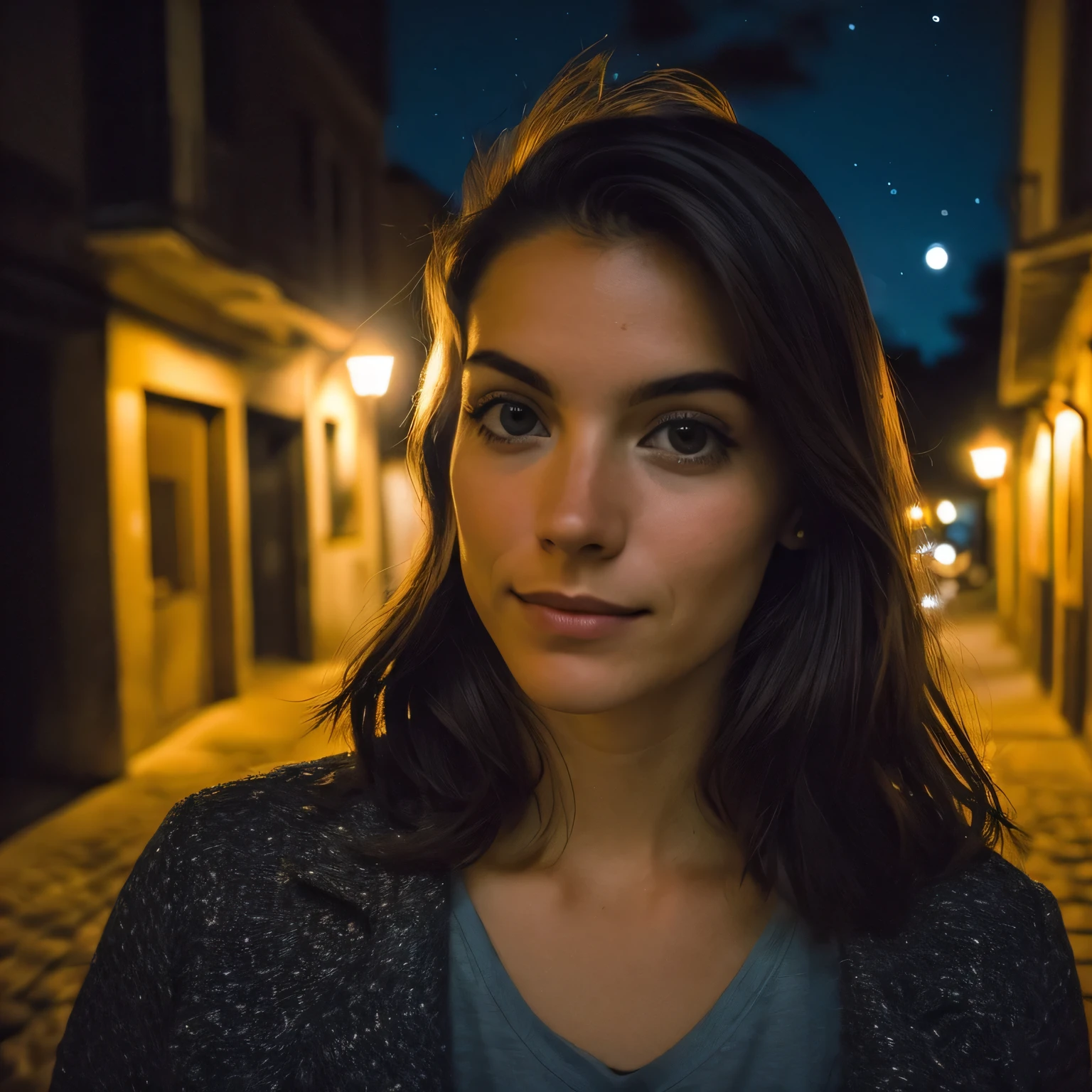 foto de retrato de uma loira de 24 anos, walking down a dark street with warm lighting, cabelos loiros, olhos azuis, alto contraste, nitidez, profundidade de campo, Street lighting, noite, night sky