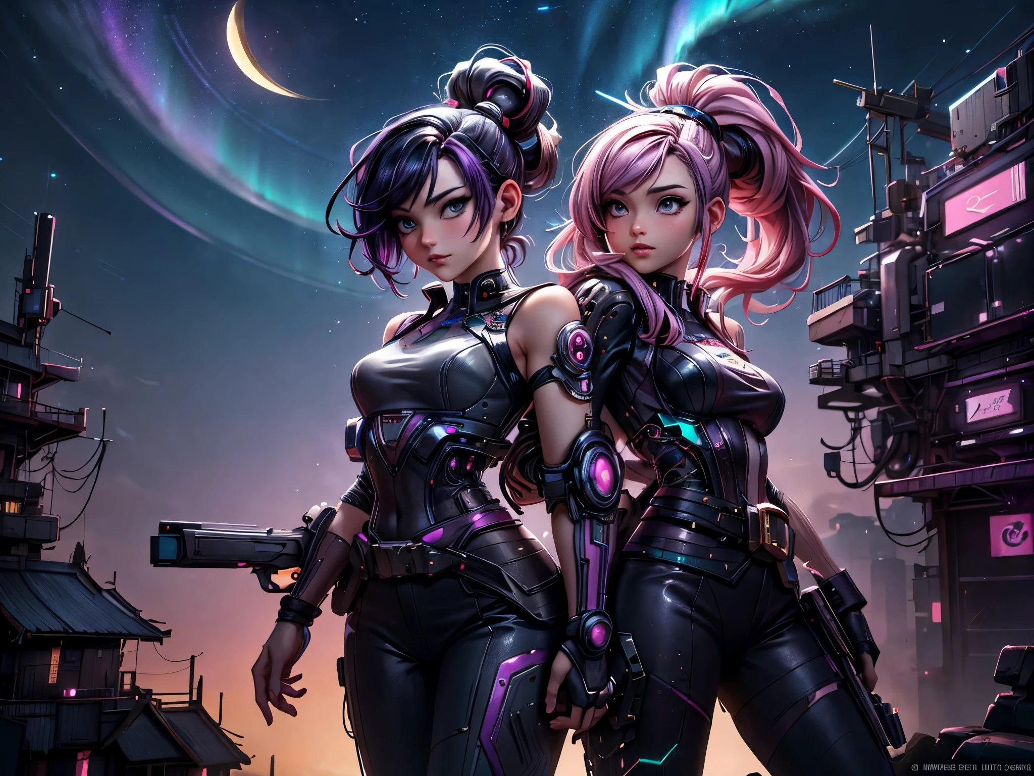 Anime - style illustration of two women with purple hair and black hair., Beautiful sisters in traditional Thai clothing, wearing black and pink sashes., Arrogant demeanor, Magnificent and majestic, Steam Punk City on Background, Detailed digital anime art, Gouache style art, artgerm artgerm and wlop, Argerm style, High quality 8k detailed artwork. , There is a Cyber Punk skyscraper in the background., Aurora, Crescent moon, Many shooting stars in the sky