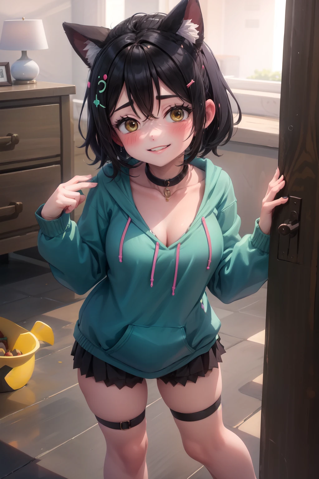 xyzvanellope, 1 chica, Hermoso, Corto, dulce, solo, adorno para el pelo, arco, a rayas, (cambiar),verde hoodie, sonrisa, verde, desnuda, tetas medianas y culo grande