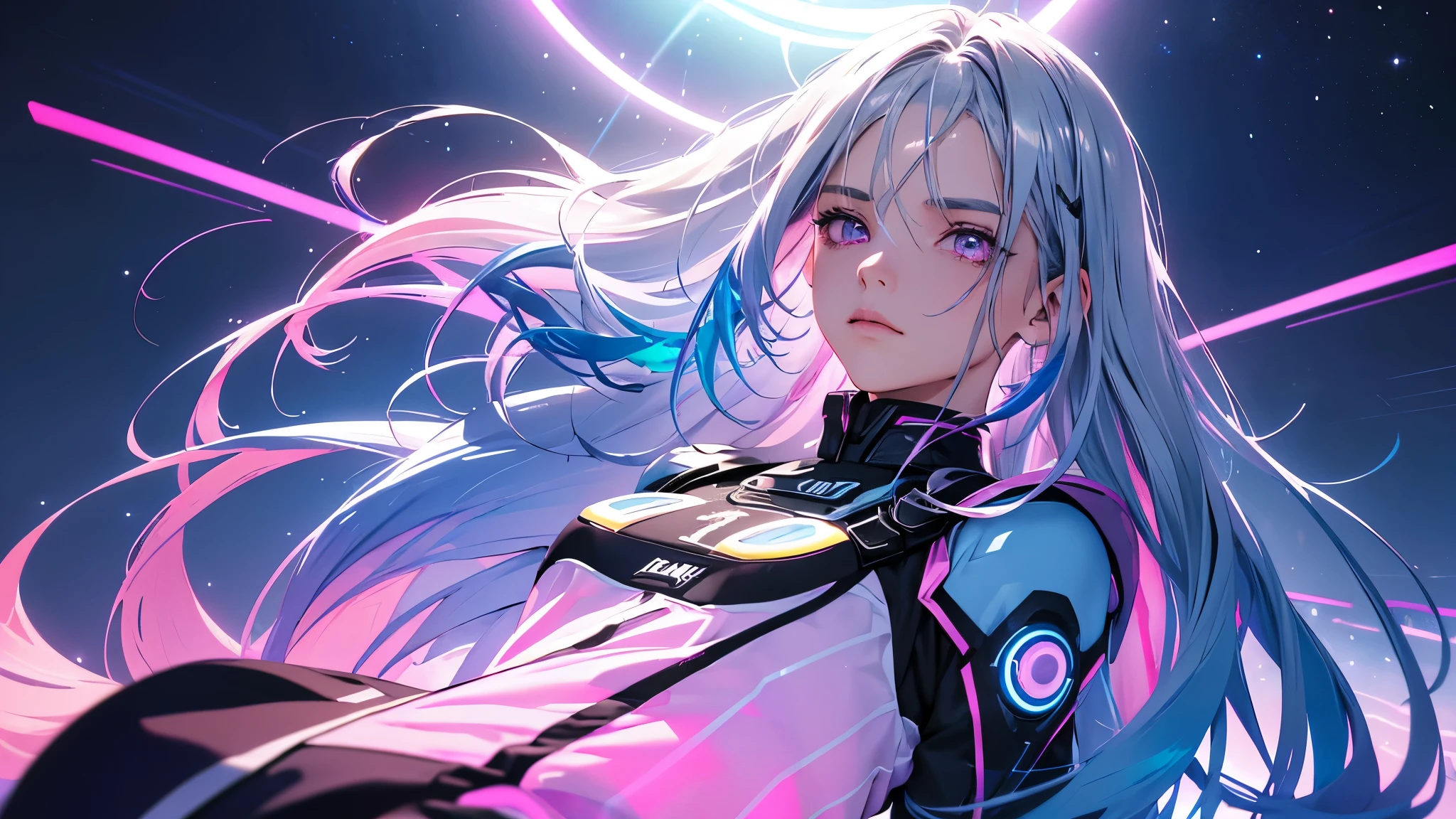 1 girl, 20 year old girl, one person, (Silver blue hair streaked pink purple:1.4), (Gradient sky blue hair ends:1.6), hair strand, absurdly long hair, single sidelock, wavy hair, shiny hair, floating hair, (Illusion deep purple eyes), delicate eyes, aqua eyes, High like real eyes, ((glowing eyes)), makeup, Focus on face, Very detailed facial, hot body, Random environment, Random pose, on the street, looking at the starry night sky, meteor, Technical clothing masterpiece, White extra long skirt, several cross stars beside, Colored lights swirl around the body, (((Extra super huge colorful extra super complex multiple glowing magic circle upright on the back of the head))), cyberpunk, full body shot, realism, chiaroscuro, (glowing light), sparkle, ray tracing, cinematic lighting, Futurism, motion blur, Ultra-Wide Angle, god rays, atmospheric perspective, best quality, UHD, super detail, masterpiece, highres, ccurate, retina