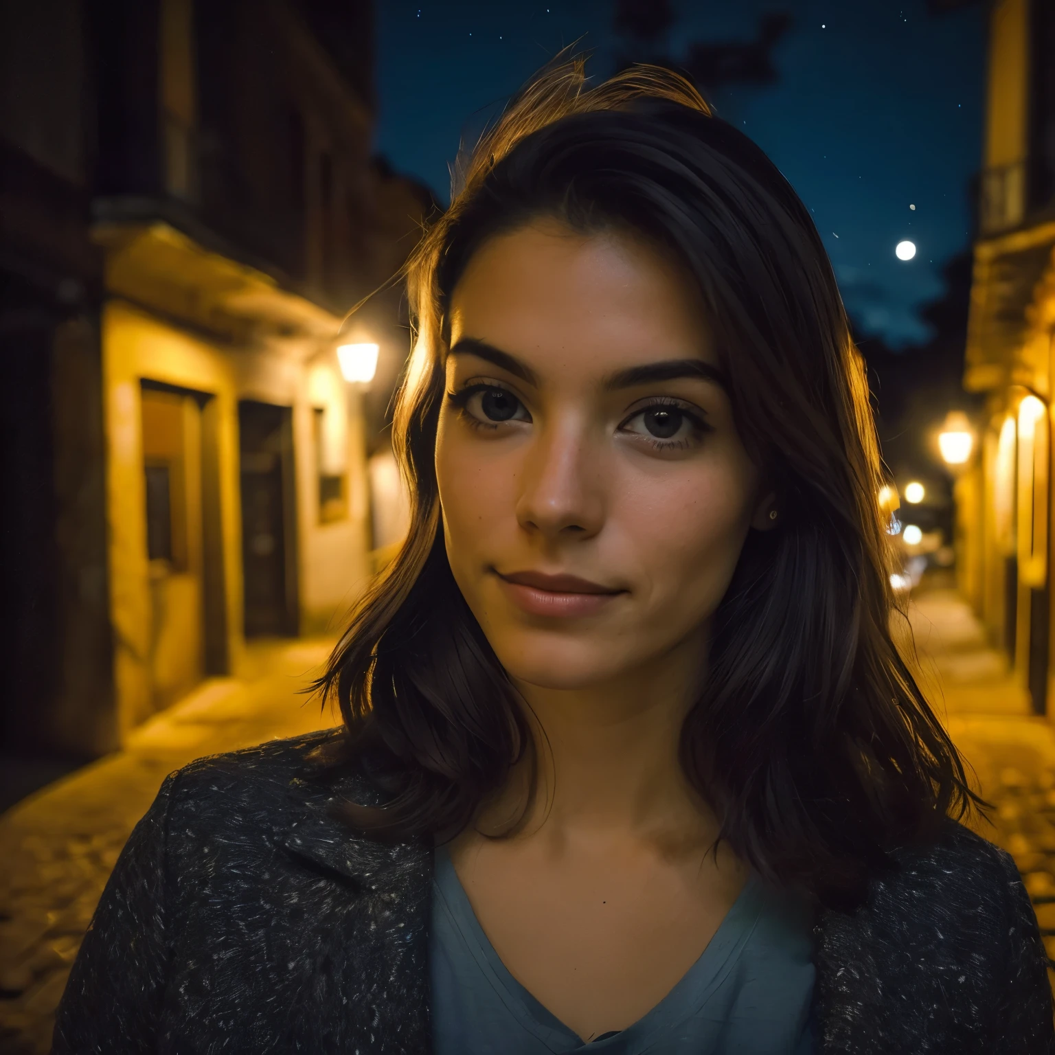 foto de retrato de uma loira de 24 anos, walking down a dark street with warm lighting, cabelos loiros, olhos azuis, alto contraste, nitidez, profundidade de campo, Street lighting, noite, night sky