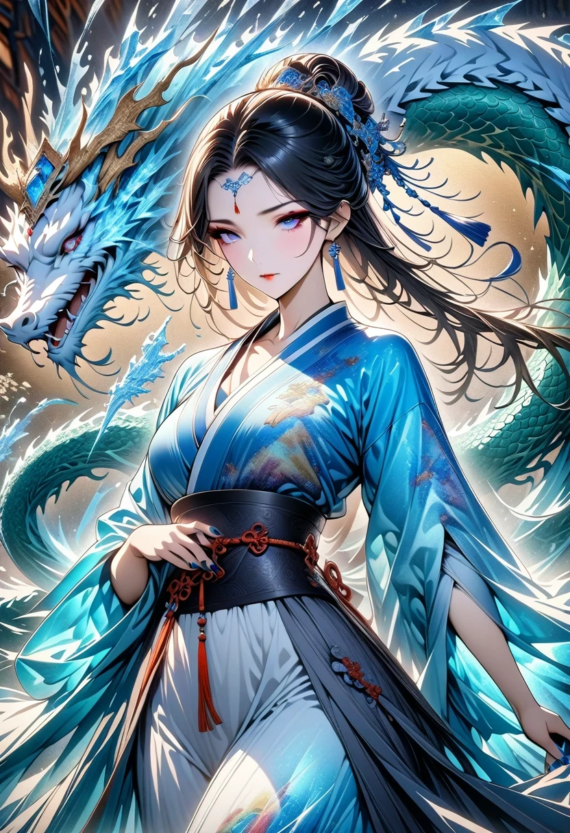*8k masterpiece, top quality, best quality, official art, (Beauty and Aesthetics: 1.3), Very detailed, (fractal art: 1.3), rich and colorful, Ice and Chinese Dragon, Serpentine, nail, blue and 1 Woman, Han Chinese Women Media, hanfu, blue