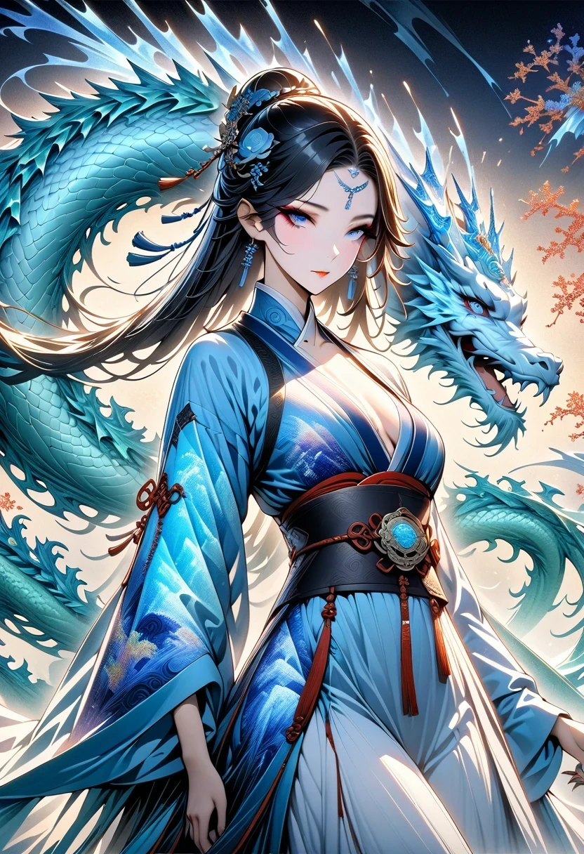 *8k masterpiece, top quality, best quality, official art, (Beauty and Aesthetics: 1.3), Very detailed, (fractal art: 1.3), rich and colorful, Ice and Chinese Dragon, Serpentine, nail, blue and 1 Woman, Han Chinese Women Media, hanfu, blue