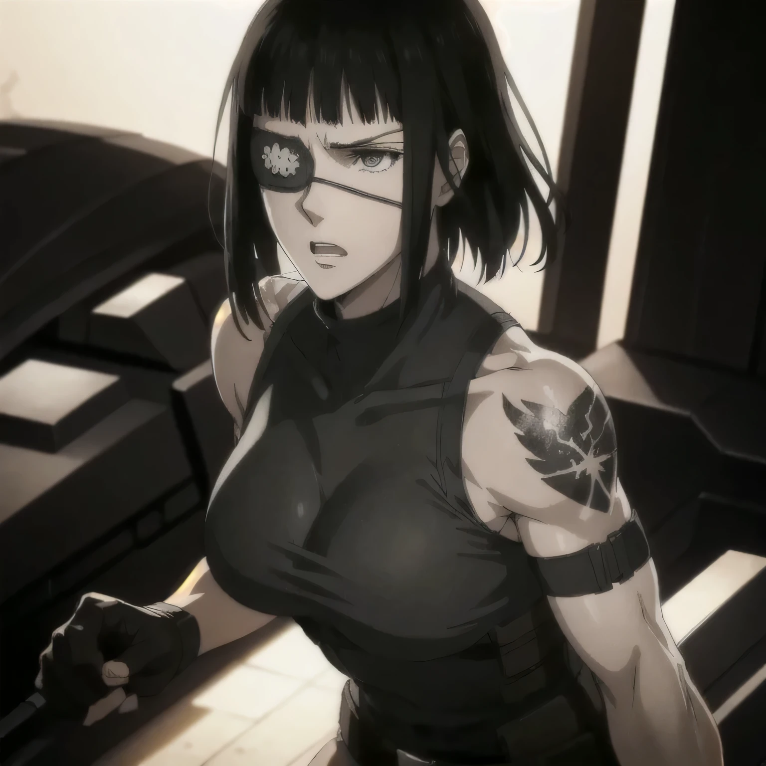 (best quality,ultra-detailed,realistic:1.37), military, muscular girl with sculpted body wearing a tanktopandblackleatherjacket, beautiful tattoo on girl's shoulder, full review of the female character's face and body, intense expression, strong and confident posture, studio lighting, vivid colors, physiologically-based rendering, grungy texture, rugged background, dust particles in the air, commanding presence, professional, powerful, gritty aesthetics,six-pack,Valmet with her muscles body,eye patch