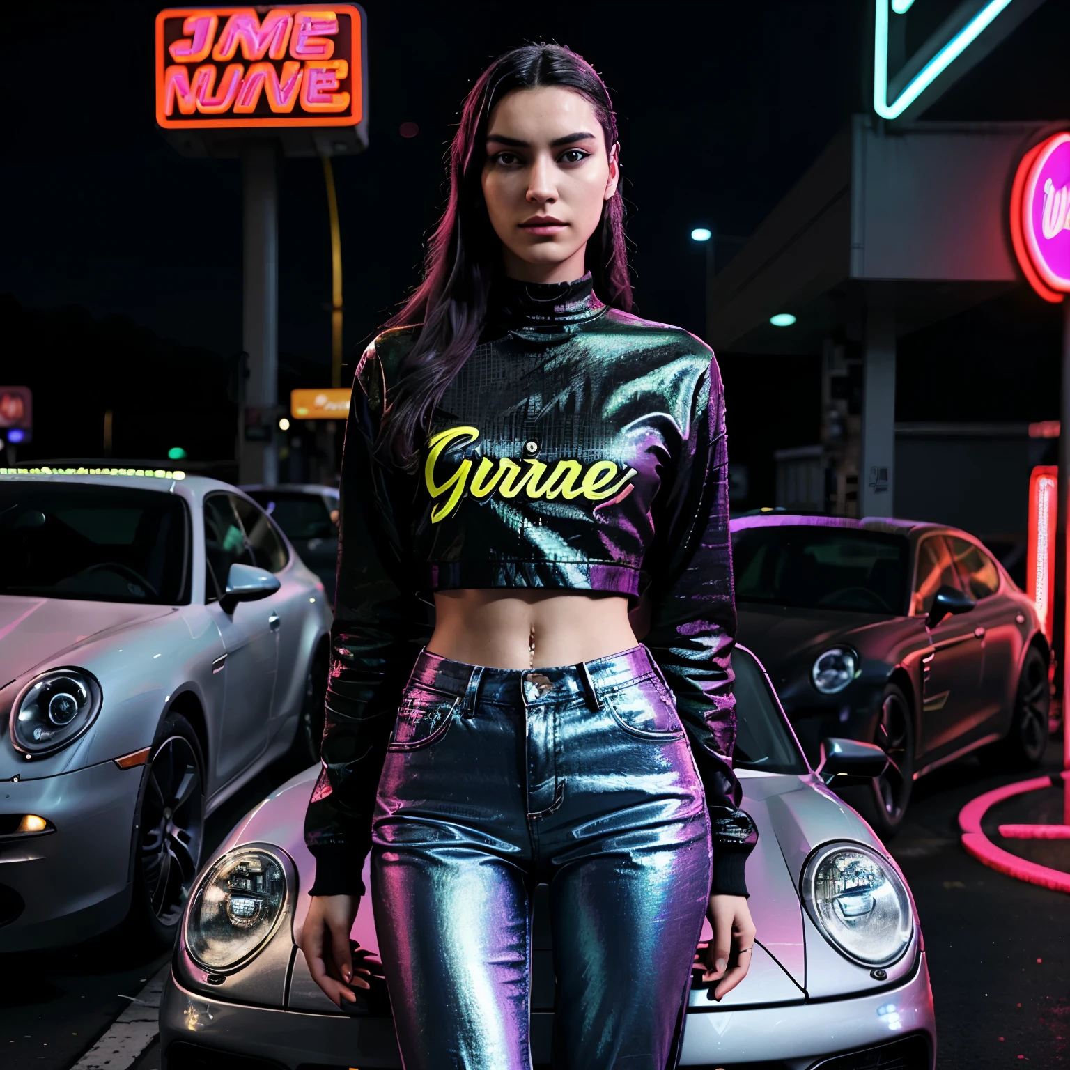 3 homems ,Arte estilo GTA ,(Jovens:1.5),illustration, arte digital, (ESTILO GTA:1.5),Estilo de arte do GTA, Arte GTA cores brilhantes, (estilo de desenho animado:1.2),(Hiperdetalhe:1.15), estilo glamoroso, Melhor qualidade, Holistic, Alto detalhado, with a porsche panamera in the background ((Neon lighting)), ((Ciberpunk)),Luz suave,satirical,Exagerado,estilo pop art,cores vibrantes,iconic characters,full of action,((The background is a gas station :1)),sol, Coqueiros