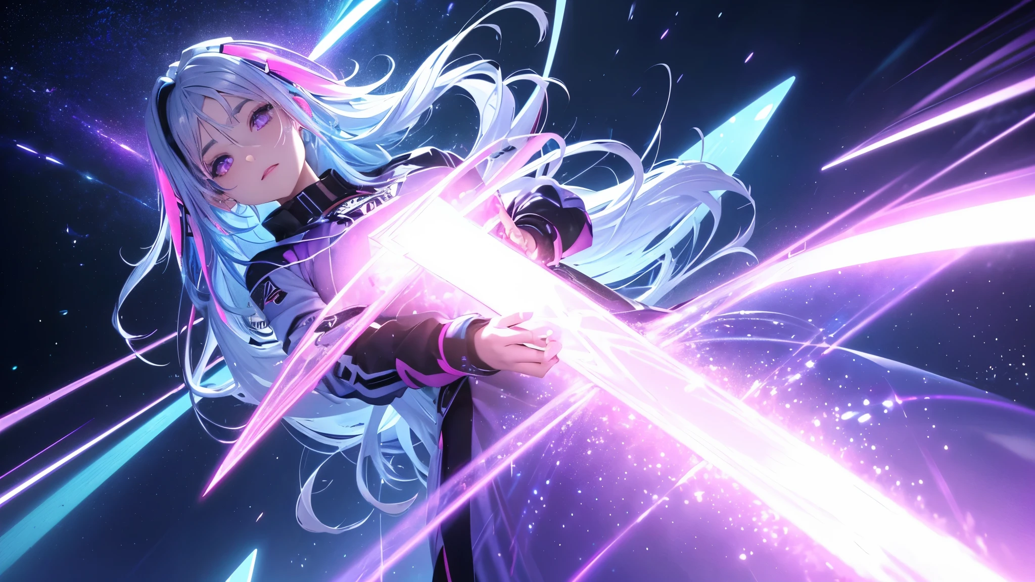 1 girl, 20 year old girl, one person, (Silver blue hair streaked pink purple:1.4), (Gradient sky blue hair ends:1.6), hair strand, absurdly long hair, single sidelock, wavy hair, shiny hair, floating hair, (Illusion deep purple eyes), delicate eyes, aqua eyes, High like real eyes, ((glowing eyes)), makeup, Focus on face, Very detailed facial, hot body, Random environment, Random pose, on the street, looking at the starry night sky, meteor, Technical clothing masterpiece, White extra long skirt, several cross stars beside, Colored lights swirl around the body, (((Extra super huge colorful extra super complex multiple glowing magic circle upright on the back of the head))), cyberpunk, full body shot, realism, chiaroscuro, (glowing light), sparkle, ray tracing, cinematic lighting, Futurism, motion blur, Ultra-Wide Angle, god rays, atmospheric perspective, best quality, UHD, super detail, masterpiece, highres, ccurate, retina