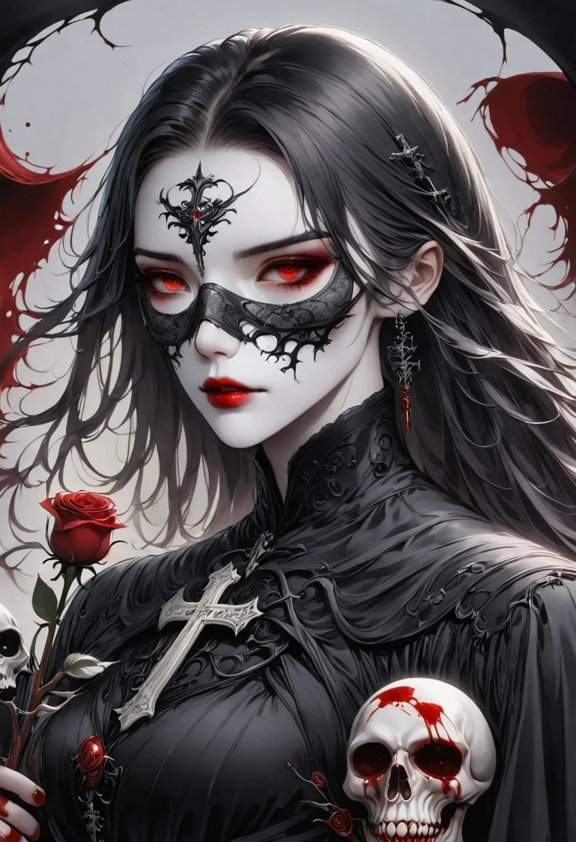 Alafd image,One was wearing a black robe、man holding red rose, blood spatter,blood pool,cross,Gothic elements,the grim Reaper, grim Reaper, Beautiful male grim Reaper, reaper as a scary, portrait of grim Reaper, reaper in overwatch, A harbinger of death, punk grim Reaper, reminded me of the grim Reaper, reaper, grim Reaper