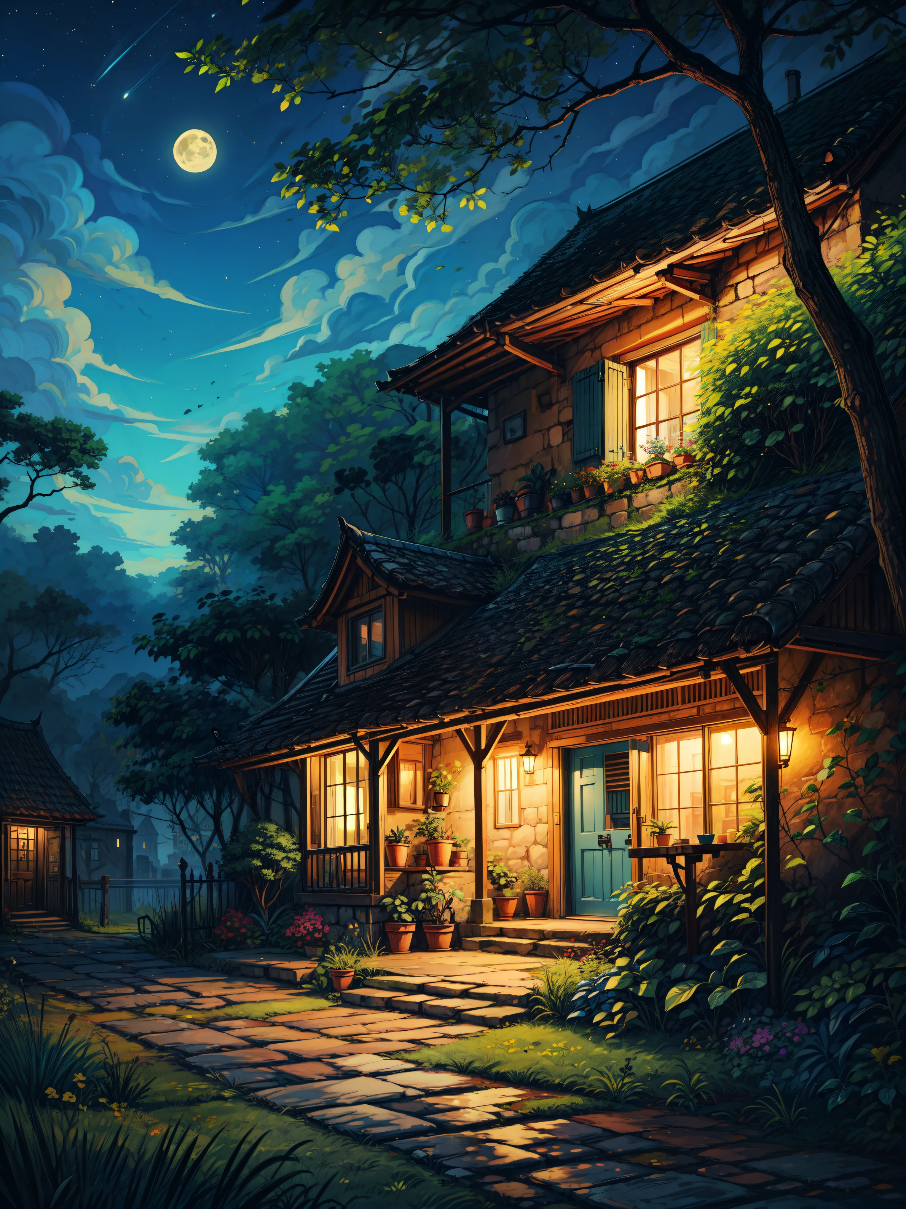 front view, a beautiful cottage, red car parked outside, moon, yellow Bougainville flowers, lush green tree branches, dim light of lit windows, stone path, green long grass, dark blue sky, stars, plant pots with tropical plants, light shine on part of foliage, beautiful bluish sky, micro landscape, day time, shade, intrinsic details