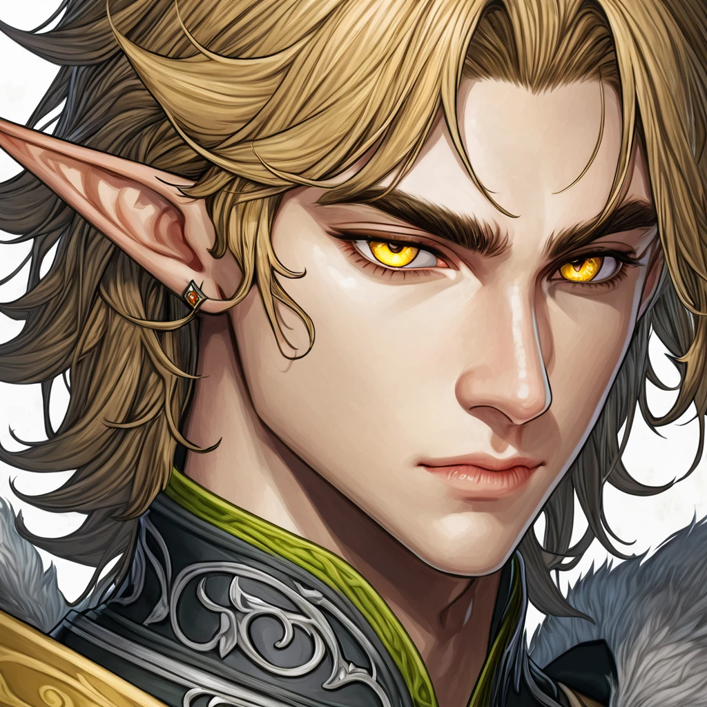 Dungeons & Dragons, aesthetic, dungeons and dragons, paladin portrait of a 2 4 years old male evil elf with short dark blonde hair, yellow irises!! elf, rogue, sharp focus, d & d, fantasy, intricate, elegant, highly detailed, digital painting, art