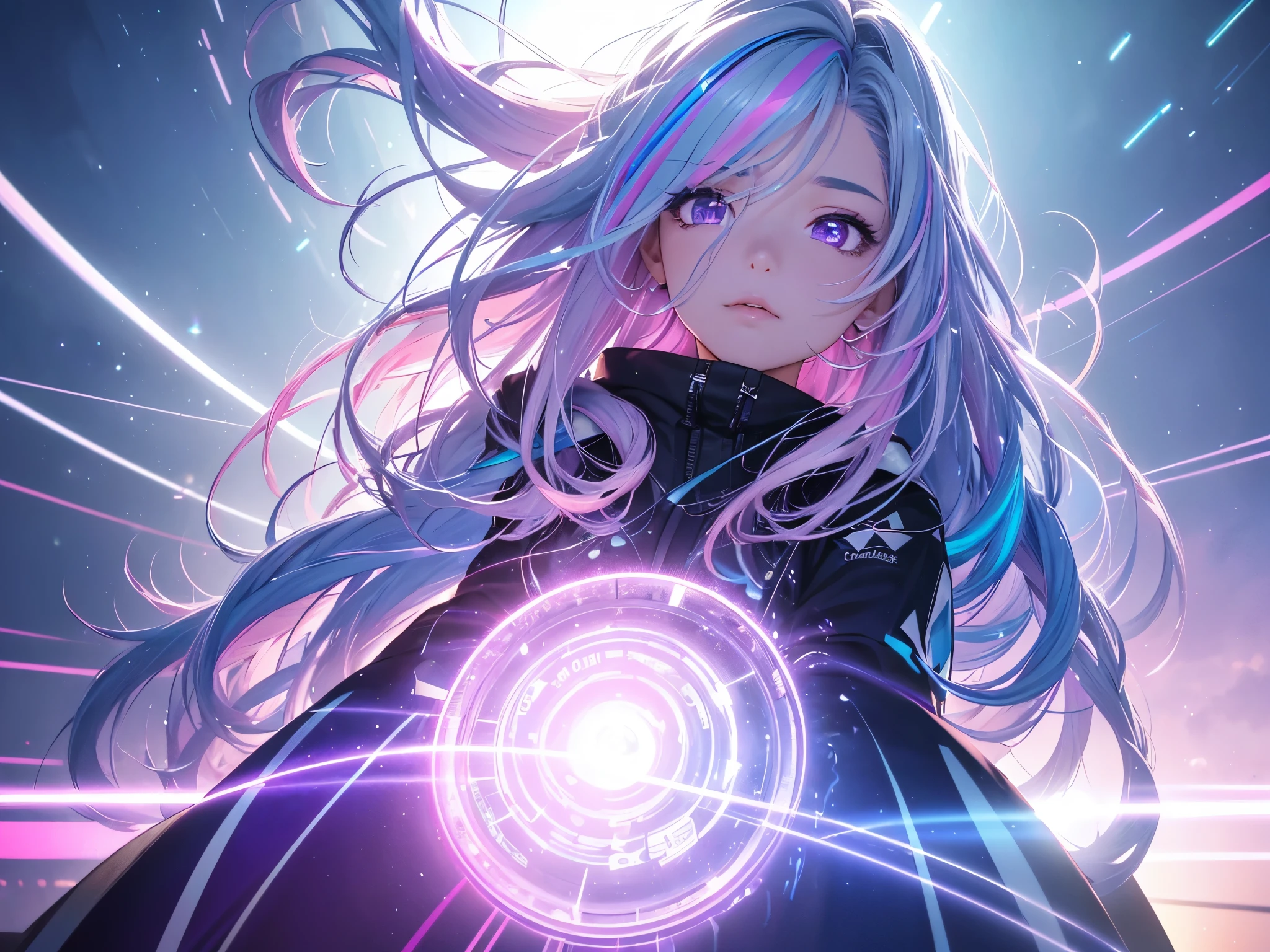 1 girl, 20 year old girl, one person, (Silver blue hair streaked pink purple:1.4), (Gradient sky blue hair ends:1.6), hair strand, absurdly long hair, single sidelock, wavy hair, shiny hair, floating hair, (Illusion deep purple eyes), delicate eyes, aqua eyes, High like real eyes, ((glowing eyes)), makeup, Focus on face, Very detailed facial, hot body, Random environment, Random pose, on the street, looking at the starry night sky, meteor, Technical clothing masterpiece, White extra long skirt, several cross stars beside, Colored lights swirl around the body, (((Extra super huge colorful extra super complex multiple glowing magic circle upright on the back of the head))), cyberpunk, full body shot, realism, chiaroscuro, (glowing light), sparkle, ray tracing, cinematic lighting, Futurism, motion blur, Ultra-Wide Angle, god rays, atmospheric perspective, best quality, UHD, super detail, masterpiece, highres, ccurate, retina