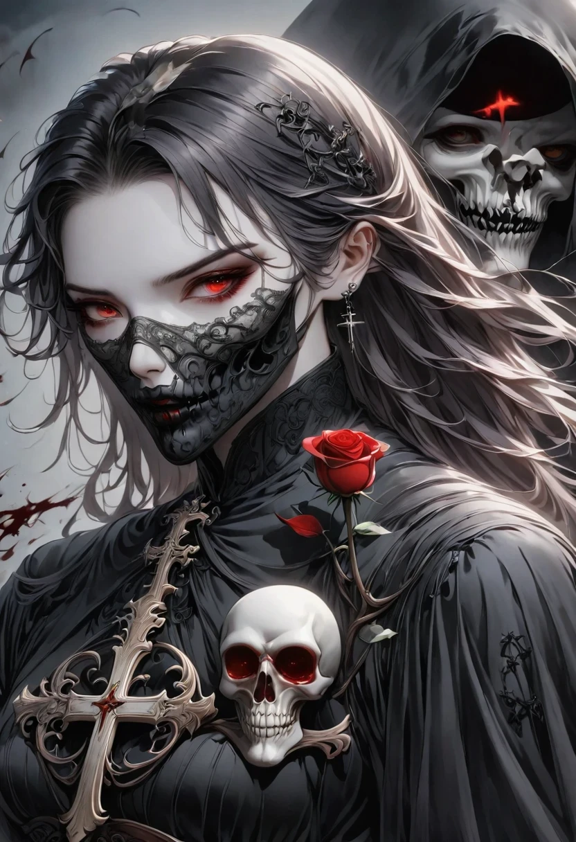 Alafd image，One was wearing a black robe、man holding red rose, blood spatter，blood pool，cross，Gothic elements，the grim Reaper, grim Reaper, Beautiful male grim Reaper, reaper as a scary, portrait of grim Reaper, reaper in overwatch, A harbinger of death, punk grim Reaper, reminded me of the grim Reaper, reaper, grim Reaper