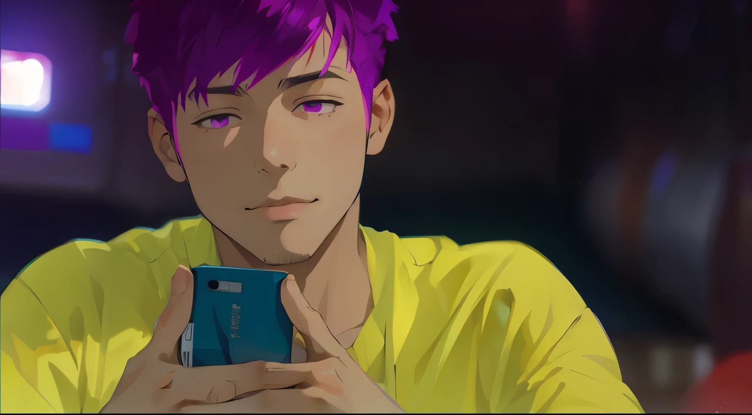 hay un  lindo chico con cabello de violeta morado