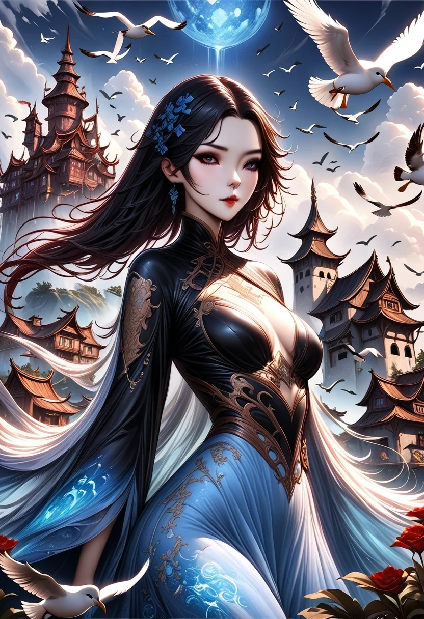 color (fantasy: 1.2), (Chinese traditional style), (Irregular red building floating in the clouds), patchwork hut, floral decorations, lamp, Concept art inspired by Andreas Rocha (Andreas Rocha), Art Station Contest Winners, fantasy art, (Castle in the Sky), Rostran, optical axis, Realistic lamp light, masterpiece, high quality, nice graphics, high detail, masterpiece, high quality, nice graphics, high detail, --v6, (Seabirds flying in the sky)