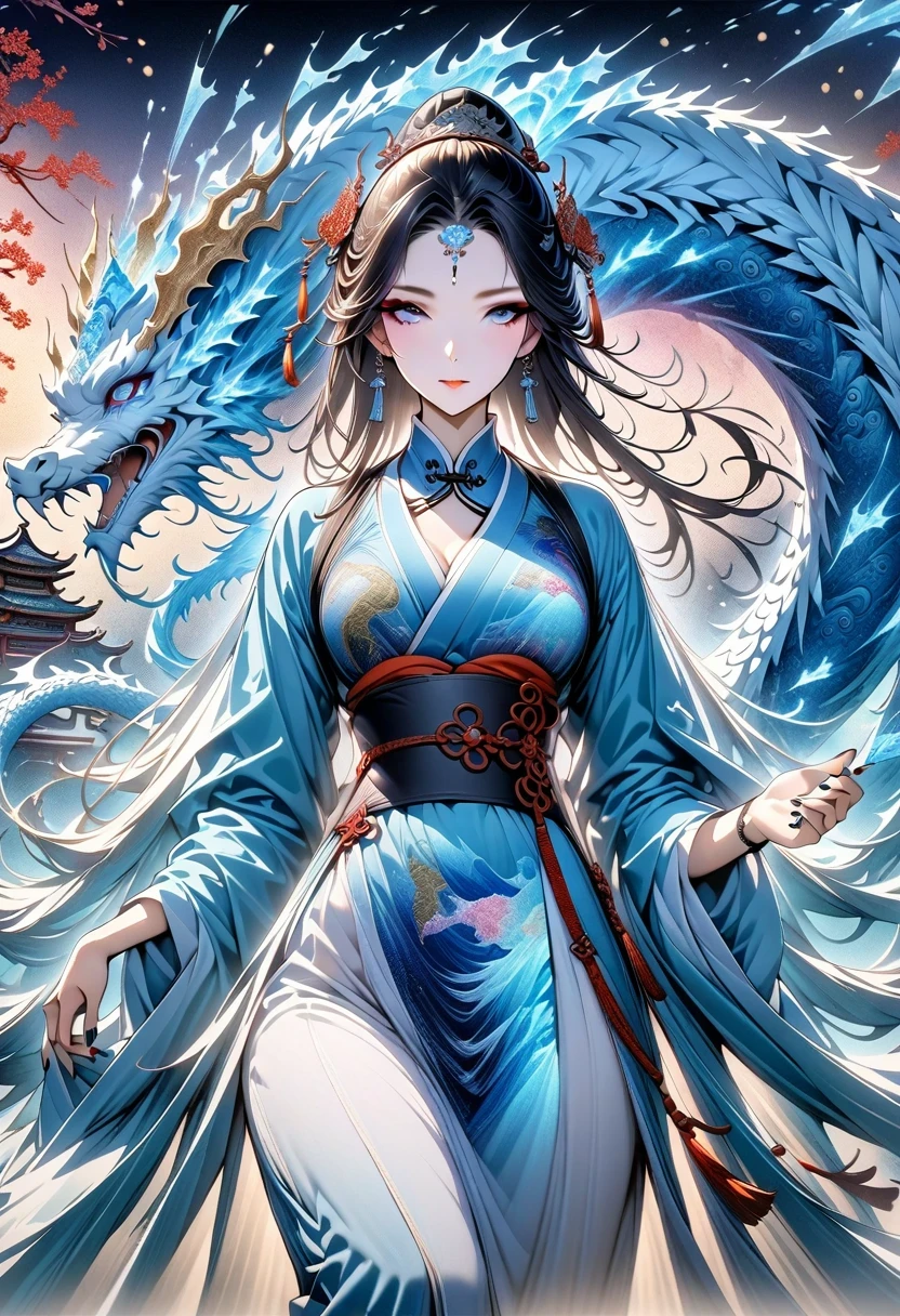 *8k masterpiece, top quality, best quality, official art, (Beauty and Aesthetics: 1.3), Very detailed, (fractal art: 1.3), rich and colorful, Ice and Chinese Dragon, Serpentine, nail, blue and 1 Woman, Han Chinese Women Media, hanfu, blue