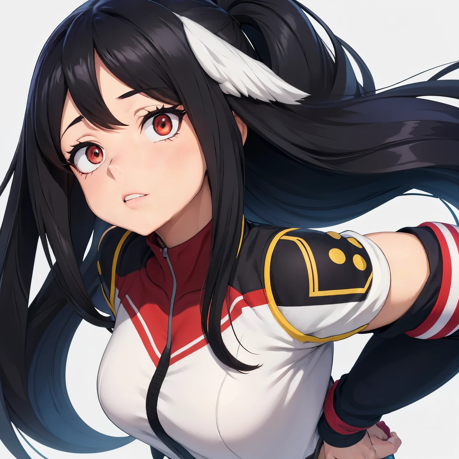 Crea un personaje al estilo de My hero academia femenino, cabello largo y liso de color blanco con algunos mechones negros, ojos grandes y amarillos, vestimenta: uniformes de la UA. Tiene alas negras