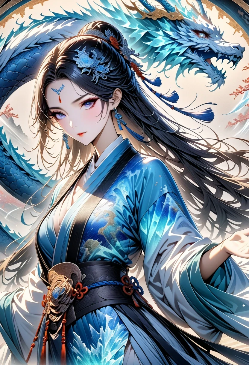 *8k masterpiece, top quality, best quality, official art, (Beauty and Aesthetics: 1.3), Very detailed, (fractal art: 1.3), rich and colorful, Ice and Chinese Dragon, Serpentine, nail, blue and 1 Woman, Han Chinese Women Media, hanfu, blue