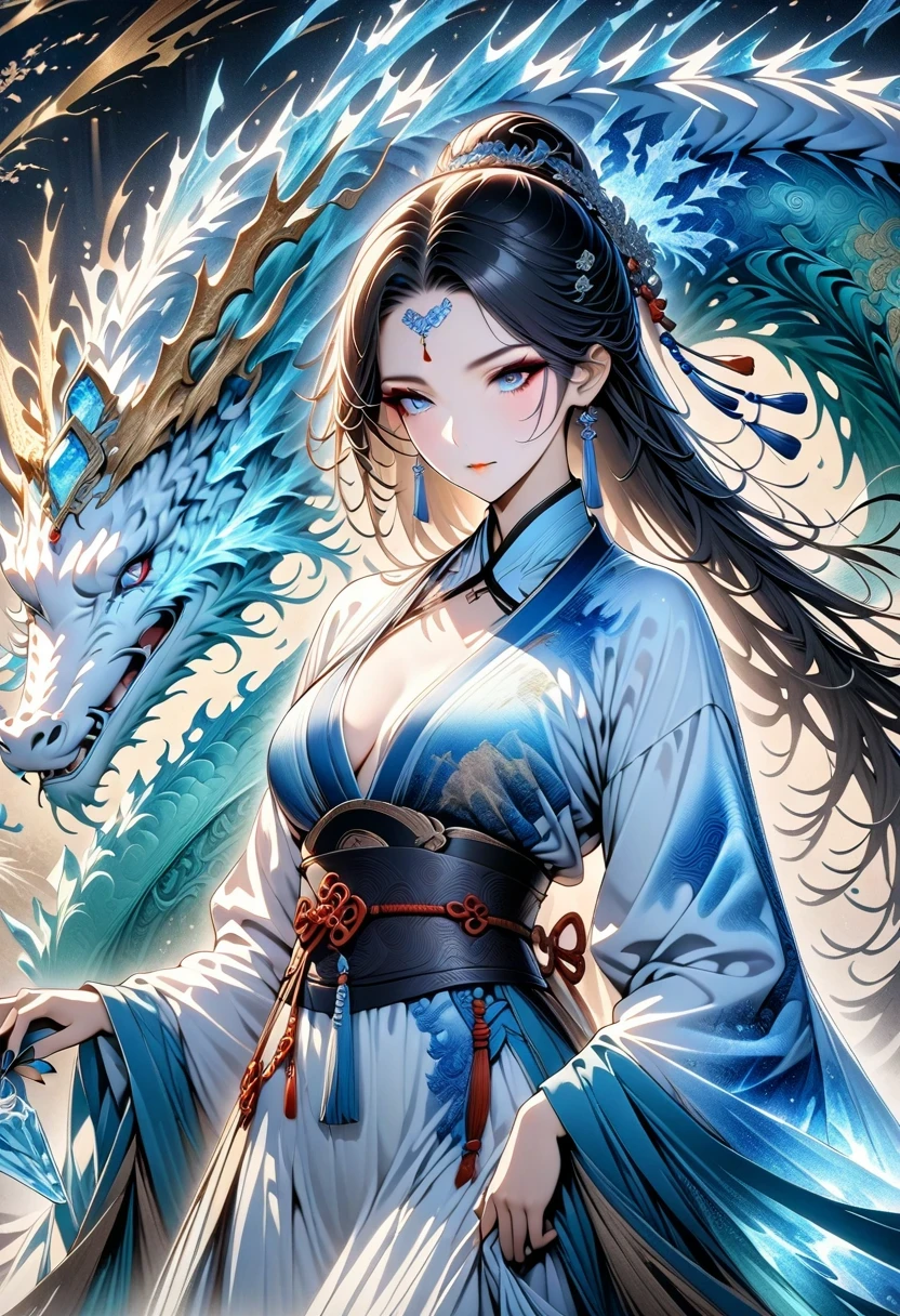 *8k masterpiece, top quality, best quality, official art, (Beauty and Aesthetics: 1.3), Very detailed, (fractal art: 1.3), rich and colorful, Ice and Chinese Dragon, Serpentine, nail, blue and 1 Woman, Han Chinese Women Media, hanfu, blue
