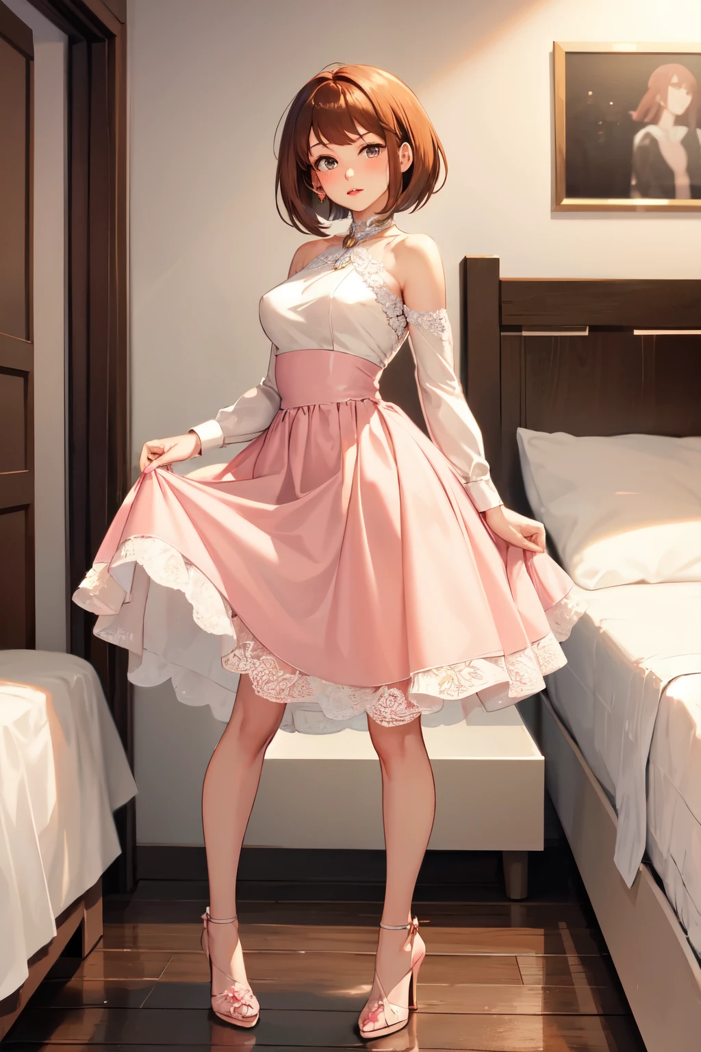 ((best quality)), ((masterpiece)), (detailed), perfect face, my hero academia, ochaco uraraka,1girl, standing, full body, cute, brown hair, short hair, golden brown eyes, two hair bangs, pink beautiful dress, detailed eyes, pink heels, pink lipstick on lips, cute girl, luxury room, highly detailed, ultra detailed, soft skin, solo, soft expression, full clothes, detailed hair, detailed dress, anime, 8k quality, ball gown, ball dress, bobbed hair with baby bangs, two longer parts of hair on the side of her face, blush on cheeks